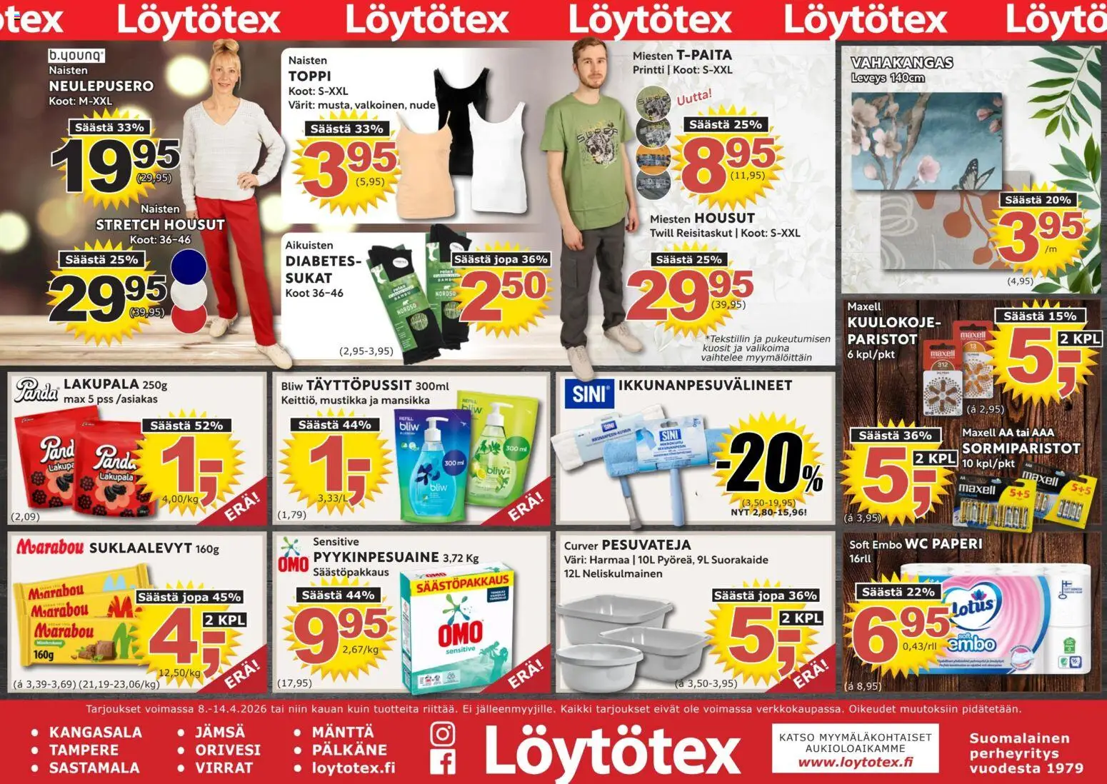 Kaupan Löytötex Löytötex tarjoukset esikatselu, voimassa 08/04/2026 - WC, Mustikka, Housut, Toppi, Sukat, Paperi, Paristot, Suklaalevyt