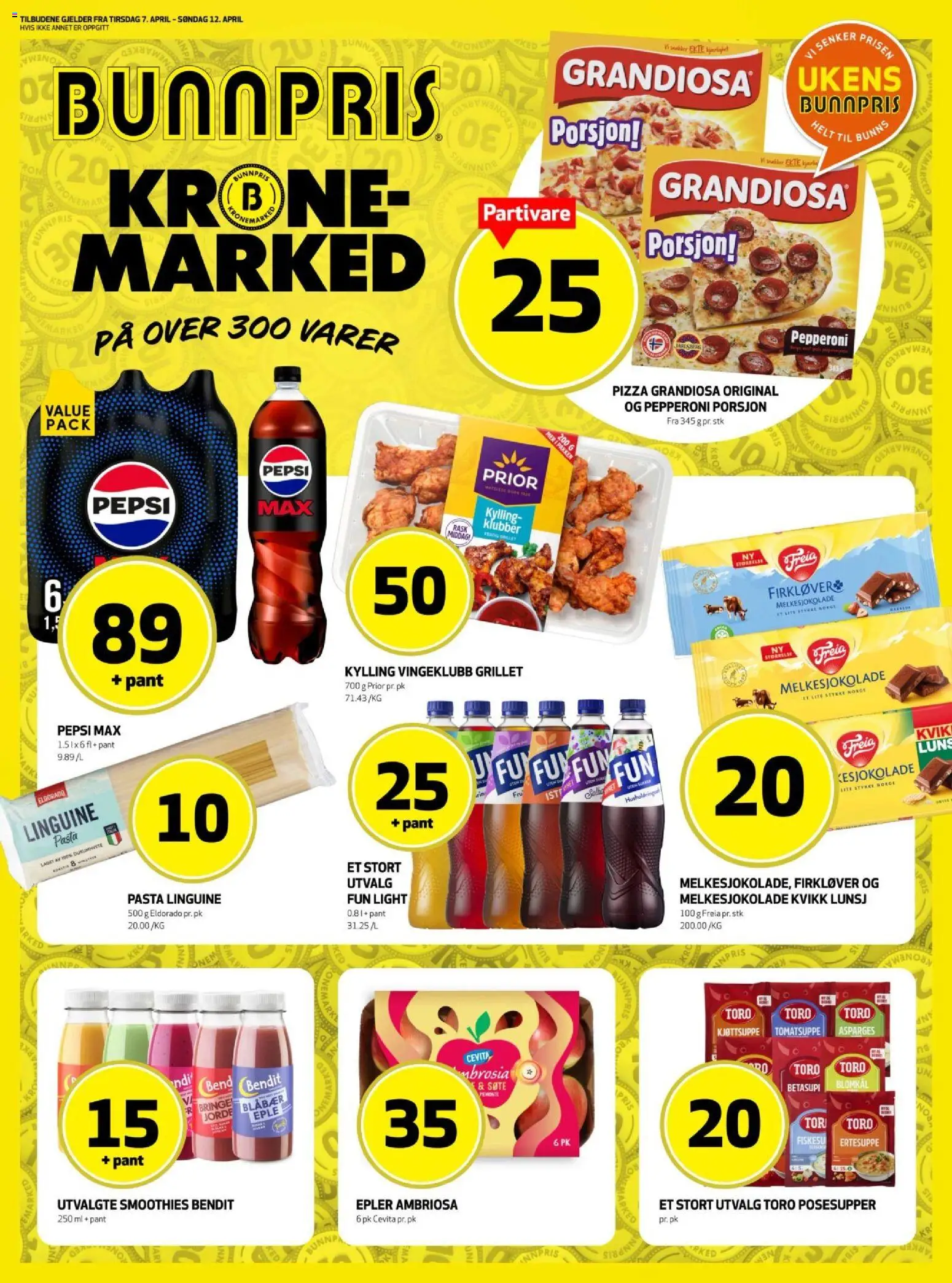 Forhåndsvis Bunnpris Bergen kundeavis fra butikk Bunnpris gyldig fra 07/04/2026 - Epler, Pasta, Blåbær, Pizza grandiosa, Asparges, Posesupper, Tomatsuppe, Iste