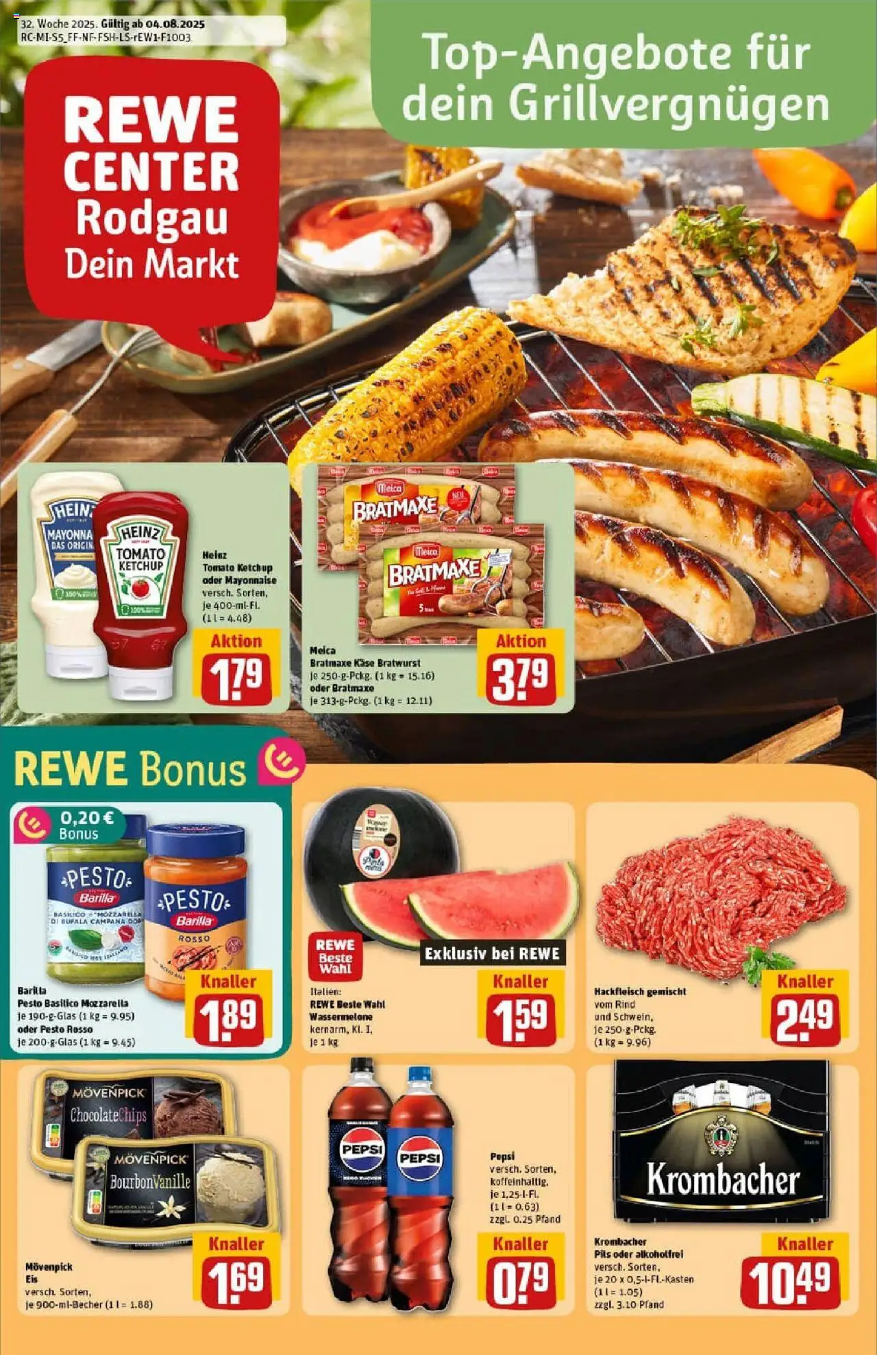 REWE Prospekt ab 03.08.2025 nächste Woche - Prospekt Rodgau/Dudenhofen - Eis, Käse, Mozzarella, Mayonnaise, Barilla, Pepsi, Barilla pesto, Meica