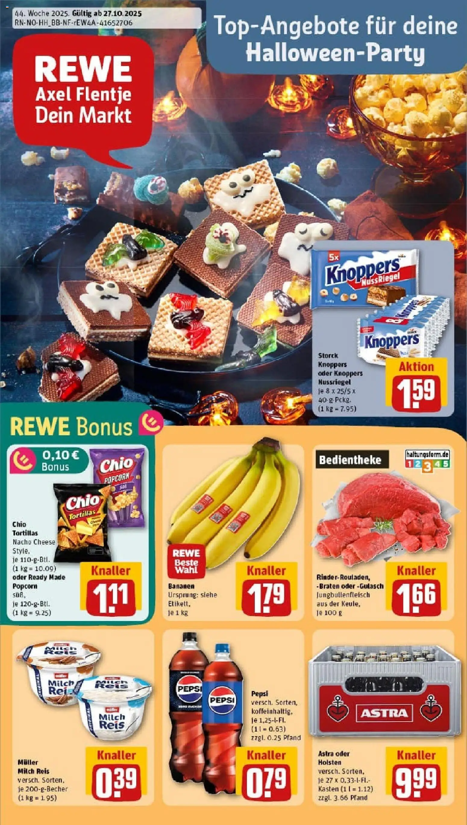 Vorschau von dem Prospekt des Geschäftes Rewe, gültig ab dem 26.10.2025 - Gulasch, Tortillas, Milch, Reis, Astra, Knoppers, Pepsi, Chio tortillas