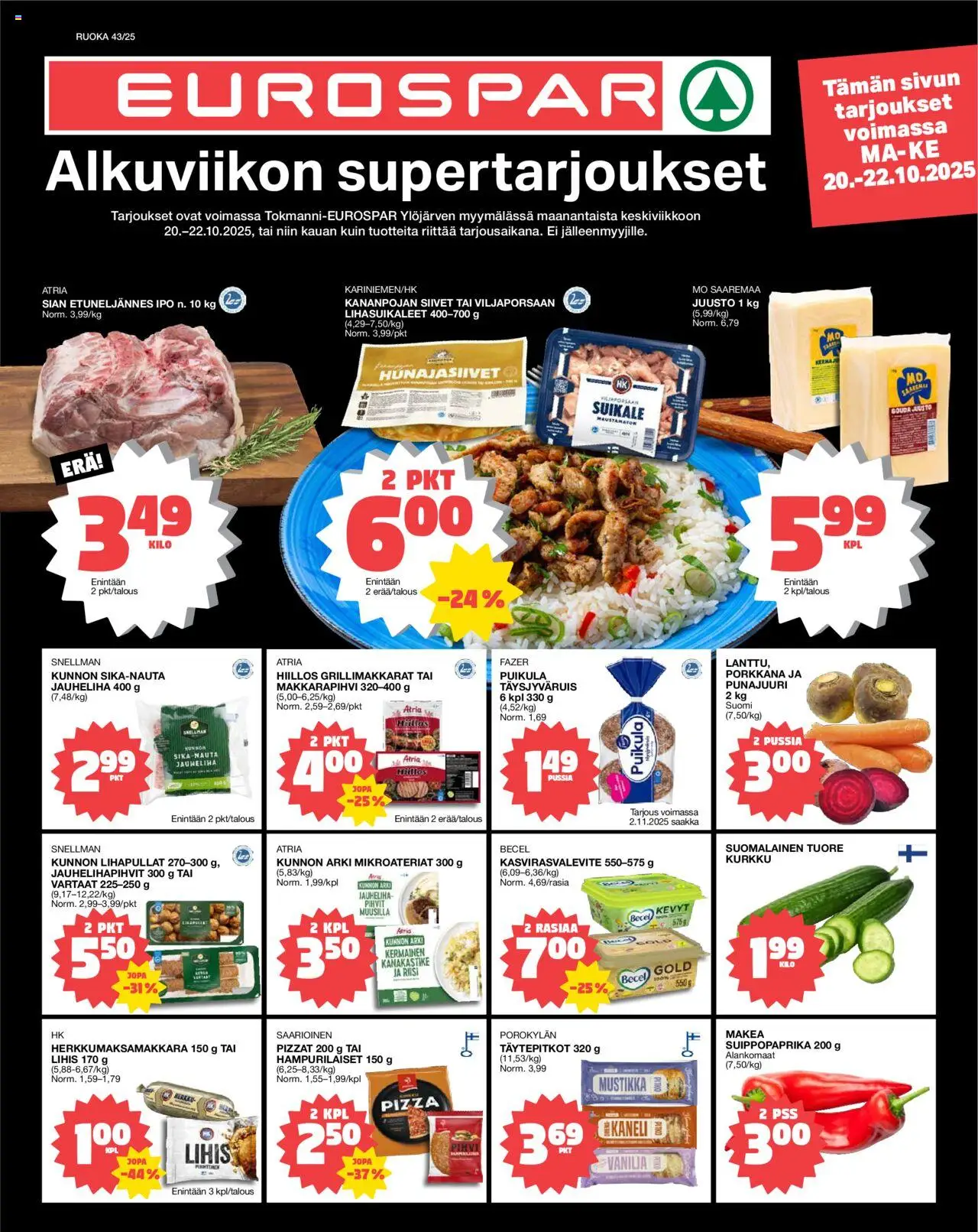 Tokmanni-kaupan EUROSPAR Ylöjärvi Ruokasanomat voimassa 20/10/2025 - Sivulla 1