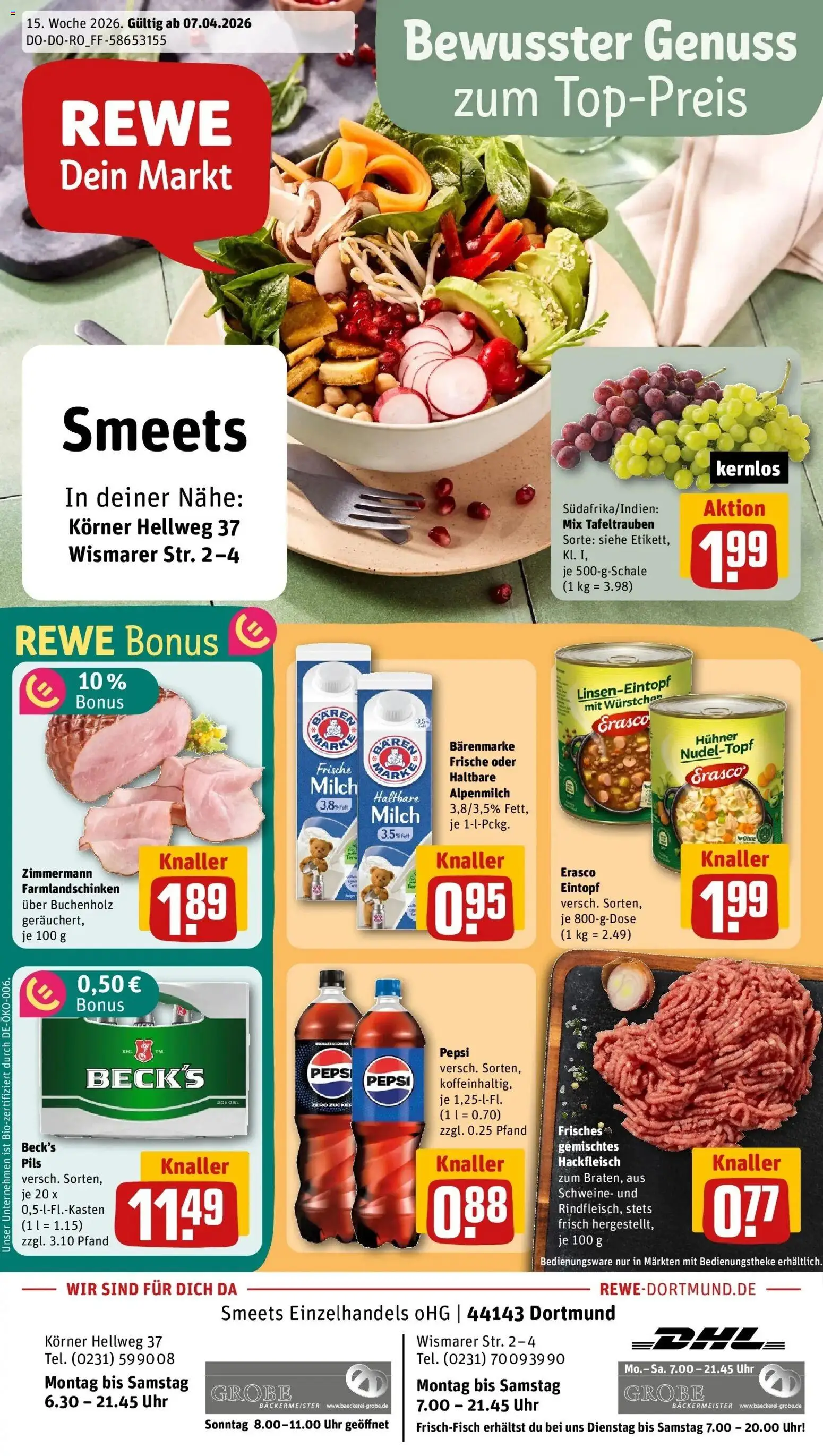 Vorschau von dem Prospekt des Geschäftes Rewe, gültig ab dem 05.04.2026 - Uhr, Milch, Hackfleisch, Zucker, Pepsi, Pils, Erasco