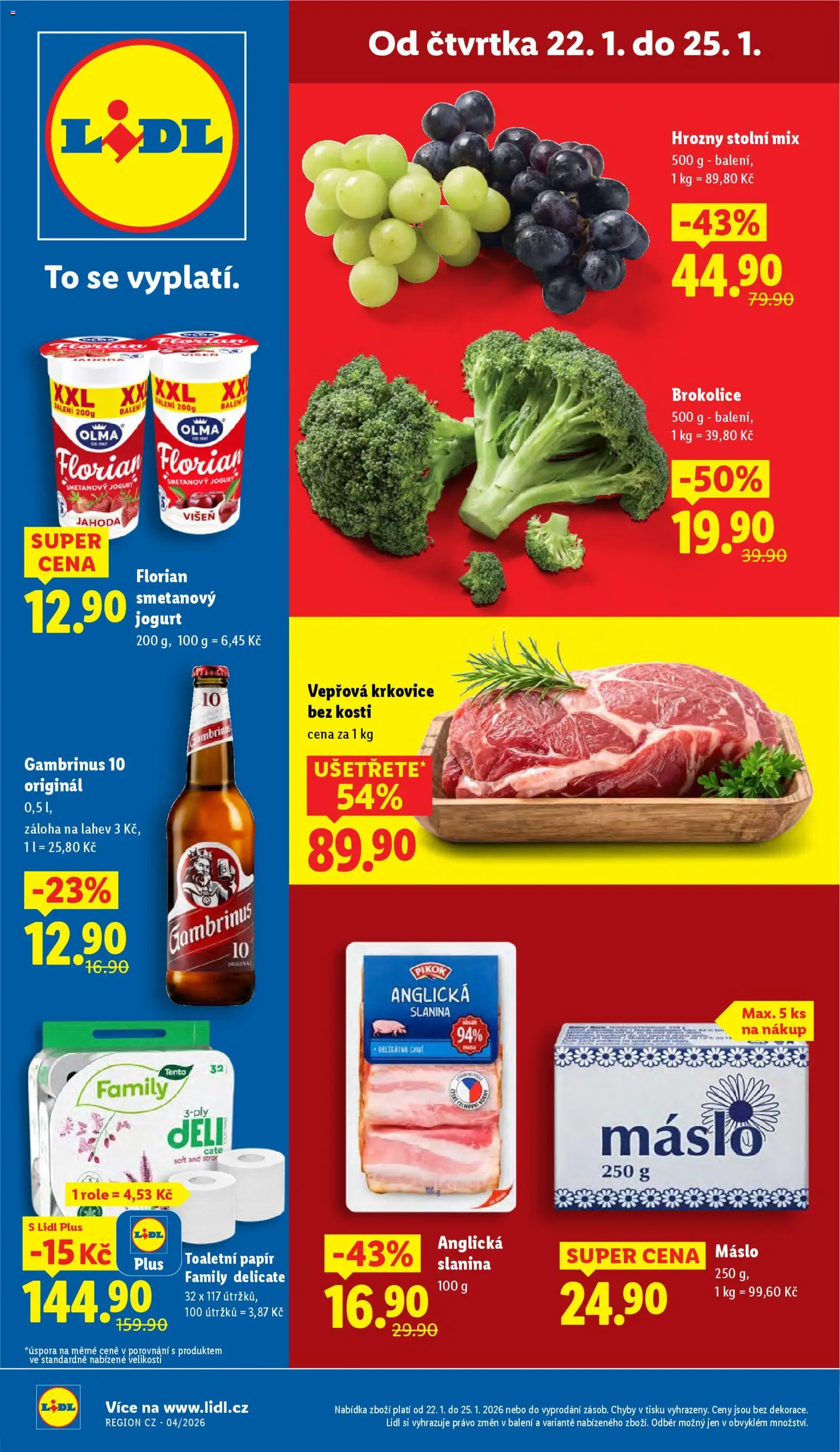 Náhled nabídky: Lidl Leták platný od 22.01.2026 - Jogurt, Brokolice, Krkovice, Slanina, Vepřová krkovice, Hrozny, Pikok, Krkovice bez kosti
