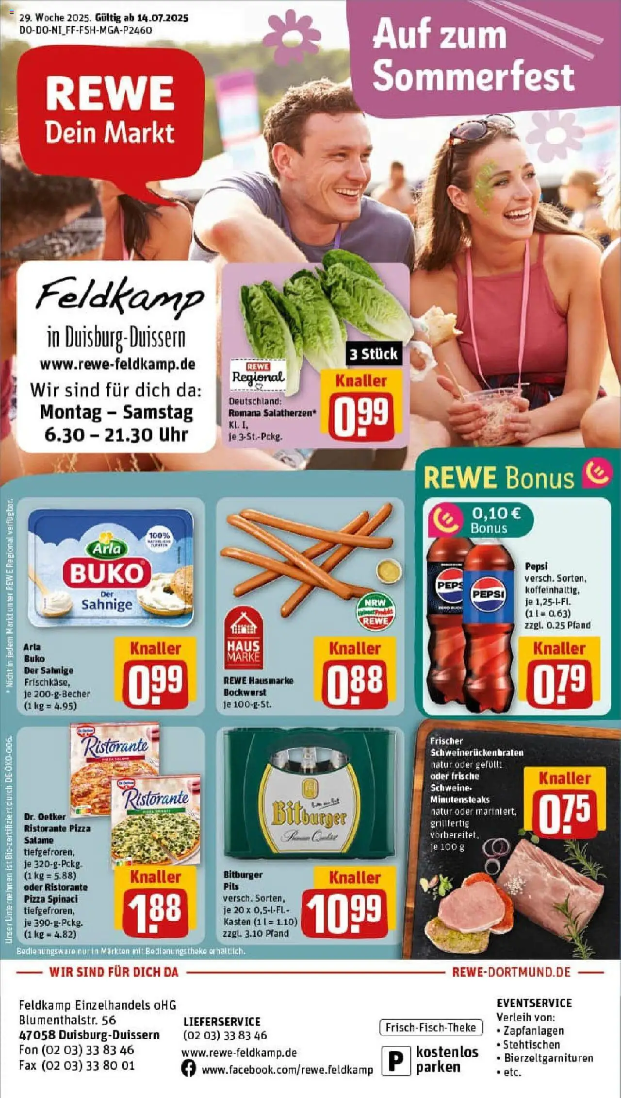 REWE Prospekt ab 13.07.2025 nächste Woche - Prospekt Duisburg / Duissern - Pizza, Uhr, Ristorante, Bockwurst, Bitburger, Pepsi, Theke, Pils