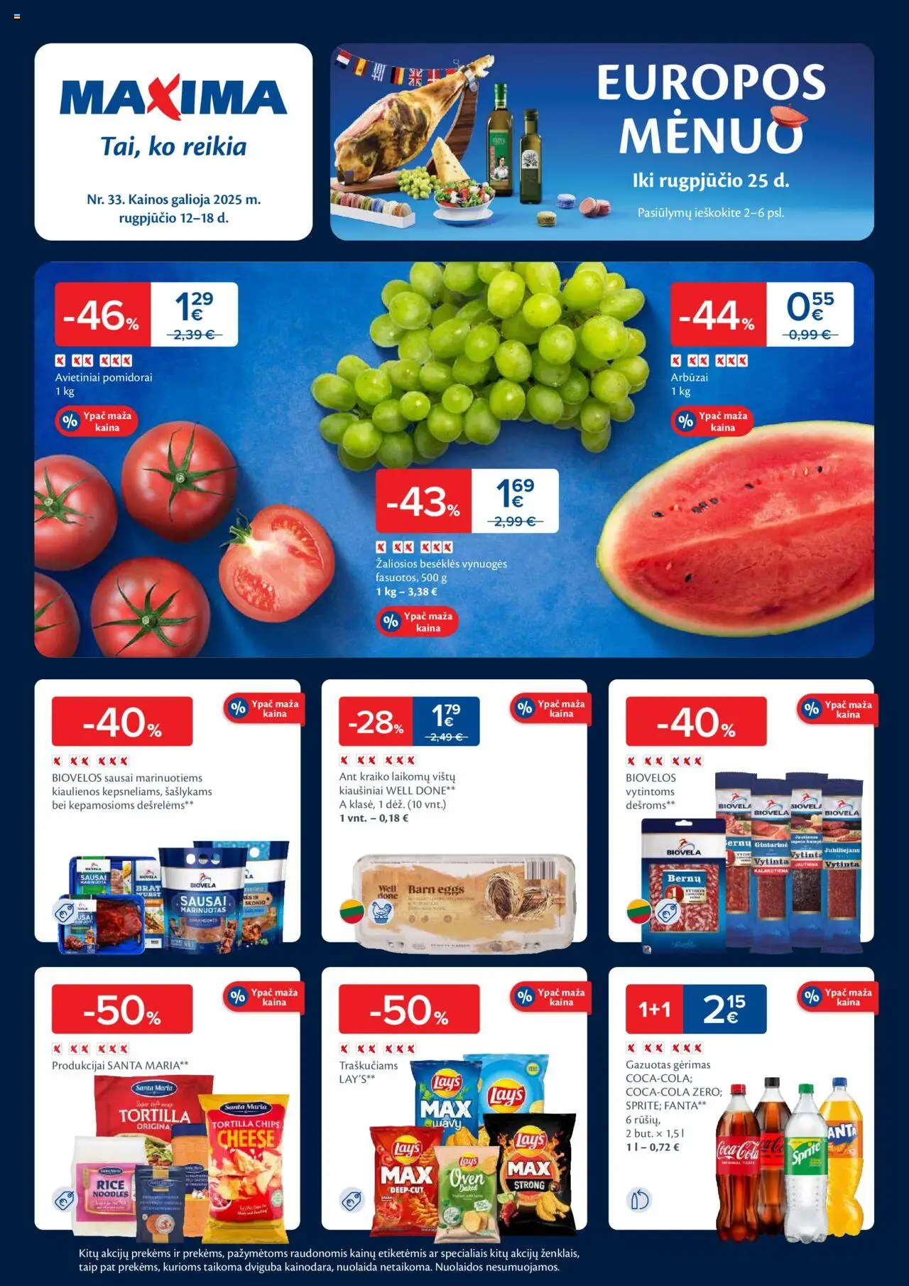 MAXIMA leidinys galioja nuo 2025.08.12 – puslapio numeris 1 - Kiaušiniai, Pomidorai, Vynuogės, Kiaulienos