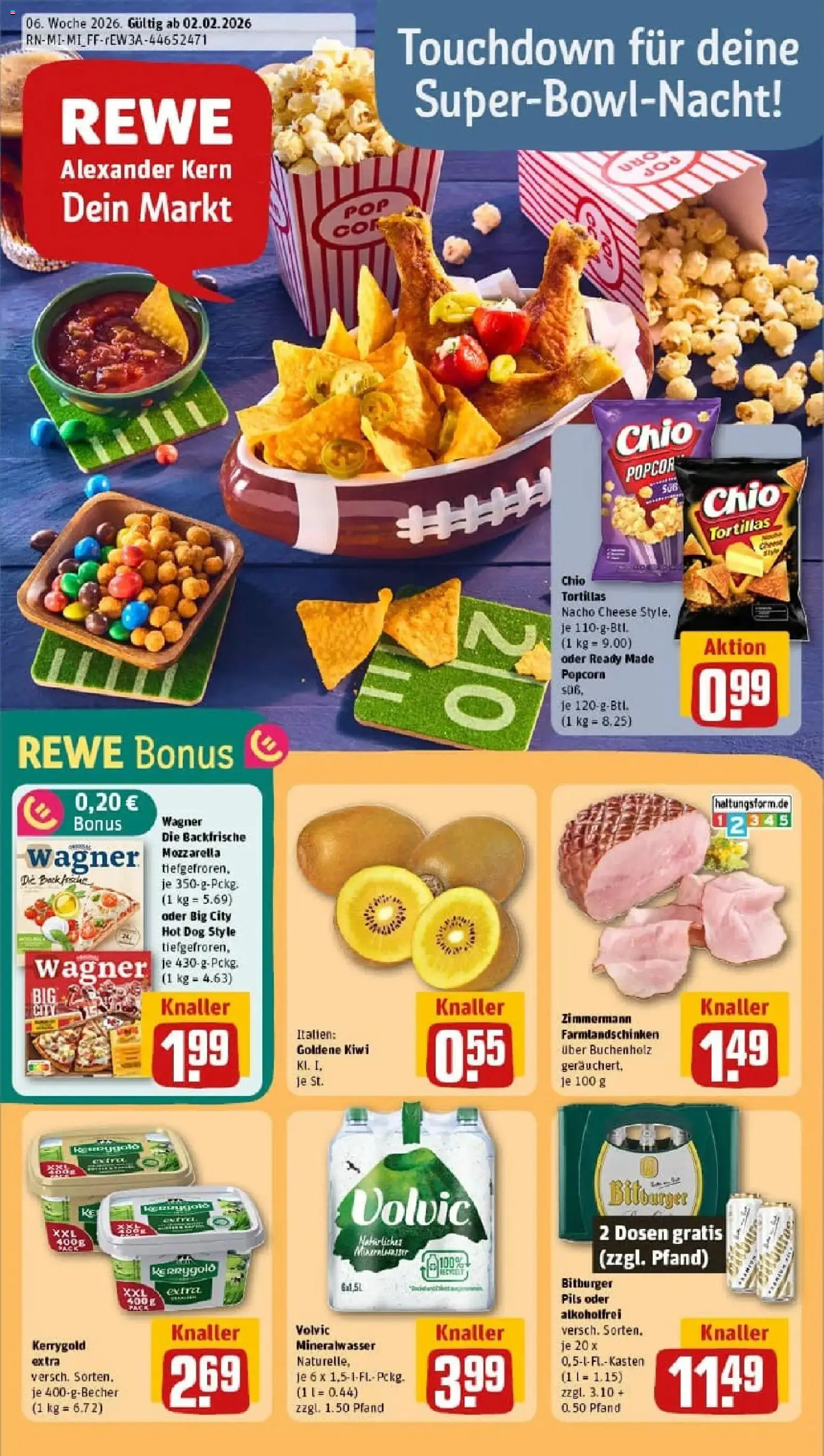 Vorschau von dem Prospekt des Geschäftes Rewe, gültig ab dem 02.02.2026 - Pizza, Butter, Mozzarella, Popcorn, Bitburger, Volvic, Pils, Chio tortillas
