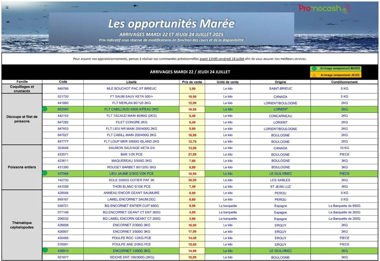 MERCURIALE OPPORTUNITÉS S30 de la boutique Promocash valable du 22/07/2025 - Page numéro 1 - Coquillages, Maquereau, Jean, Poissons, Thon, Saumon