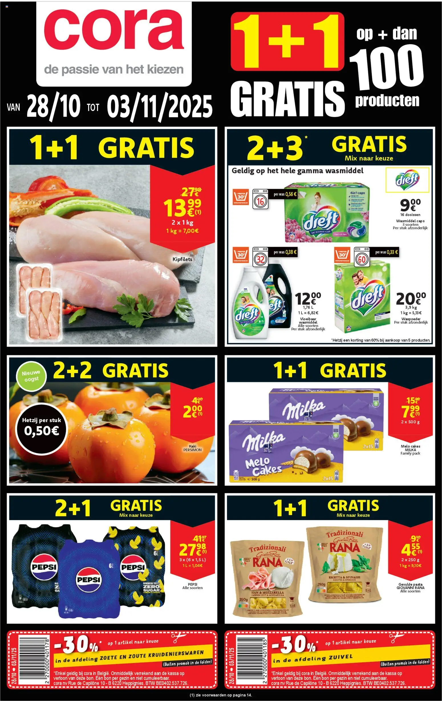 Voorbeeld van Folder week 44 van winkel Cora geldig vanaf 28/10/2025 - Kaki, Ricotta, Mozzarella, Was, Spinazie, Pepsi, Zuivel, Vloeibaar wasmiddel