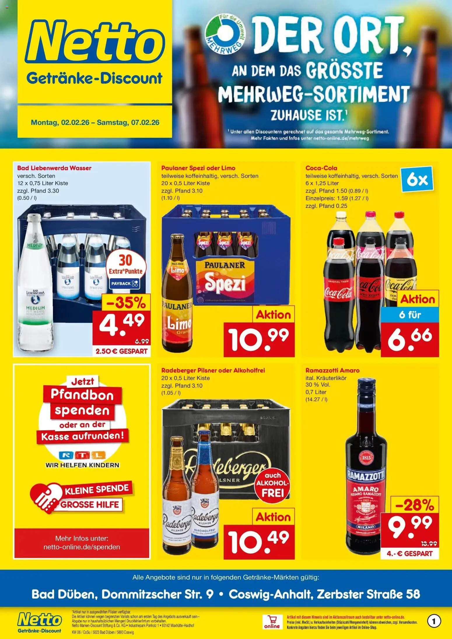 Vorschau von dem Prospekt des Geschäftes Netto Marken-Discount, gültig ab dem 02.02.2026 - Wasser, Coca cola, Bad, Cola, Alkohol, Ramazzotti, Paulaner spezi, Paulaner