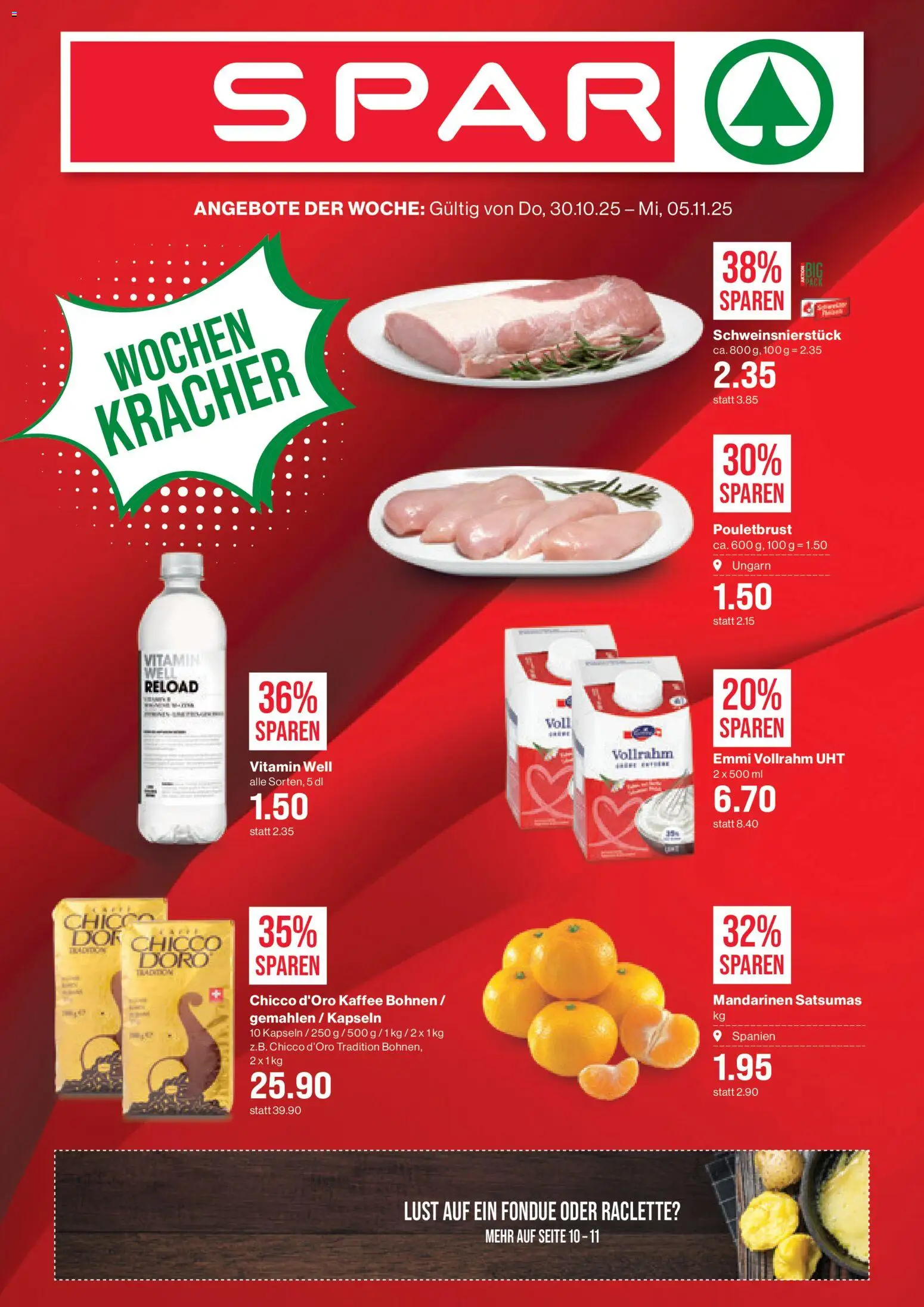 Vorschau des Merkblatts Aktionen vom Shop SPAR gültig von 30.10.2025 bis 05.11.2025 - Fondue, Kaffee, Raclette, Pouletbrust, Mandarinen