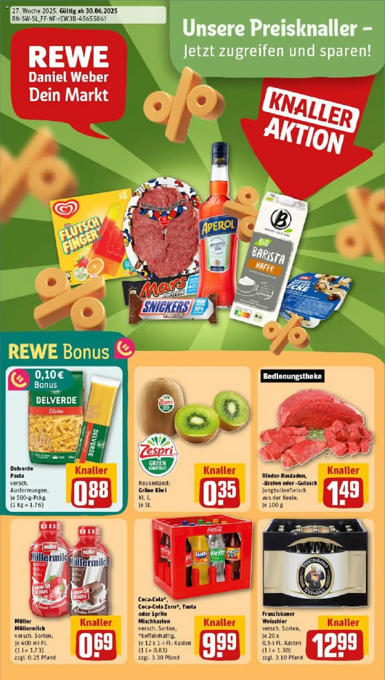 REWE Prospekt ab 29.06.2025 nächste Woche - Prospekt Saarbrücken / Klarenthal - Pasta, Aperol, Kiwi, Mars, Snickers, Franziskaner, Weißbier, Muller mullermilch