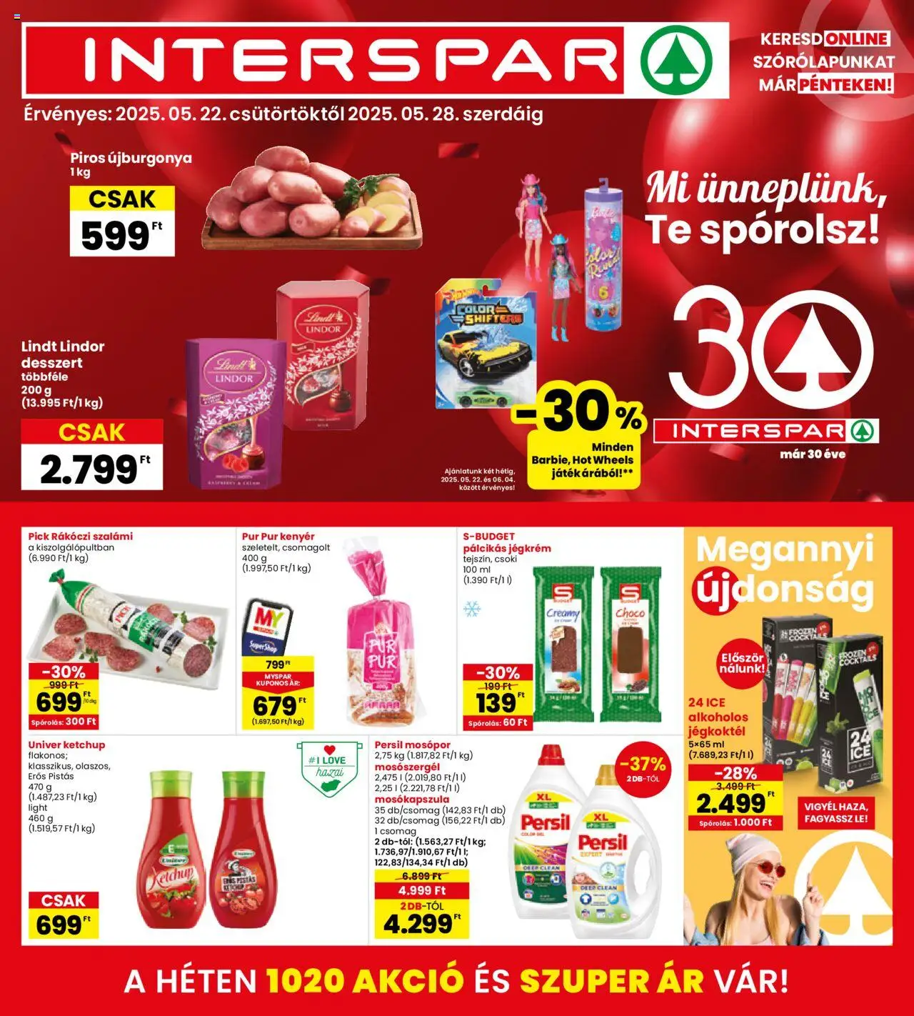 Interspar aktuális szórólap, érvényes 2025.05.22.-től - 1 oldal - Szalámi, Ketchup, Pálcikás jégkrém, Rákóczi szalámi, Pick, Lindor, Lindt, Csoki