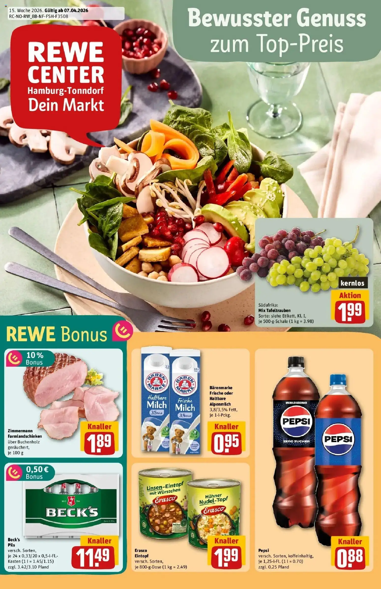 Vorschau von dem Prospekt des Geschäftes Rewe, gültig ab dem 05.04.2026 - Milch, Zucker, Pepsi, Haltbare milch, Pils, Erasco