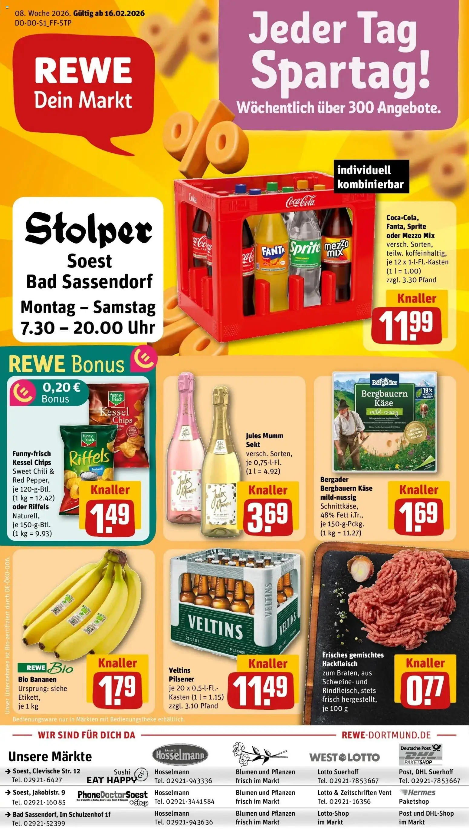 Vorschau von dem Prospekt des Geschäftes Rewe, gültig ab dem 16.02.2026 - Bad, Bananen, Hackfleisch, Veltins, Sprite, Mezzo mix, Mumm sekt, Oder mezzo mix