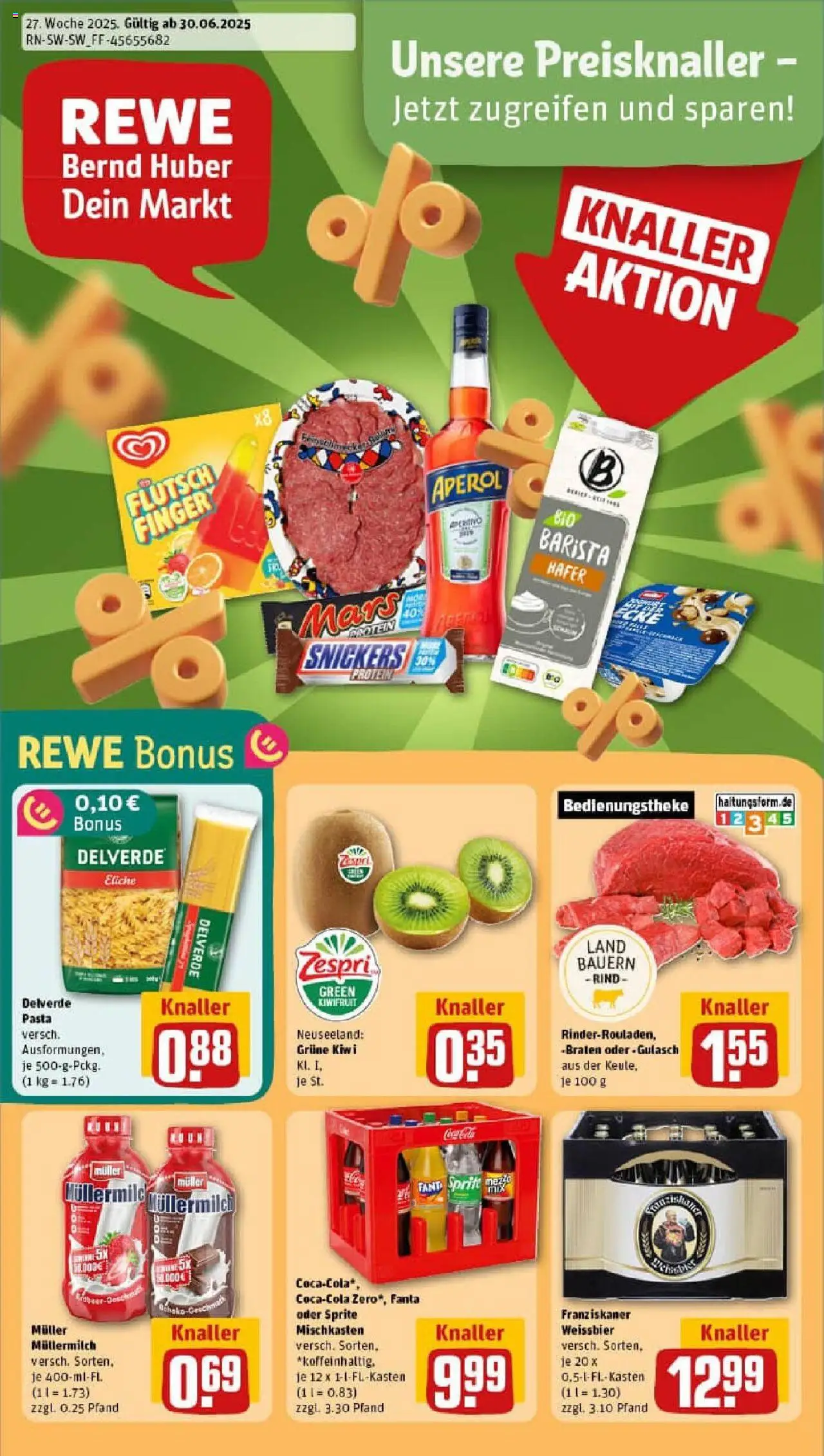 REWE Prospekt ab 29.06.2025 nächste Woche - Prospekt Neckartenzlingen - Pasta, Aperol, Gulasch, Mars, Snickers, Müllermilch, Weißbier, Muller mullermilch