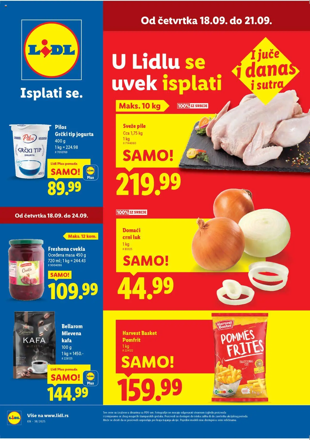 Pregled Lidl kataloga - važi od 18.09.2025 - Kafa, Cvekla, Crni luk, Pile, Pomfrit, Luk, Mlevena kafa