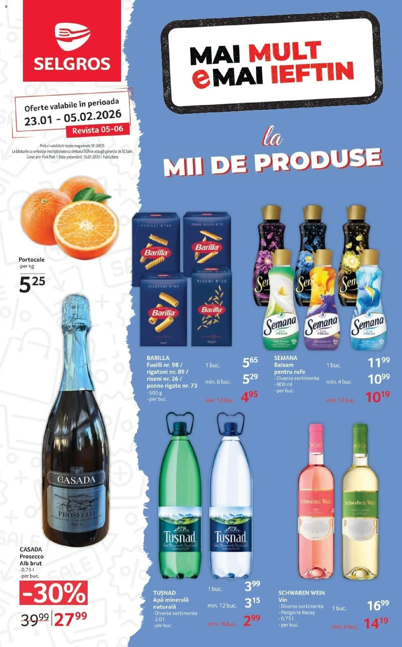 Previzualizarea de cataloage: Selgros Catalog - Food valabil de la 23.01.2026 - Apă, Prosecco, Apa minerala, Barilla, Semana, Portocale, Balsam