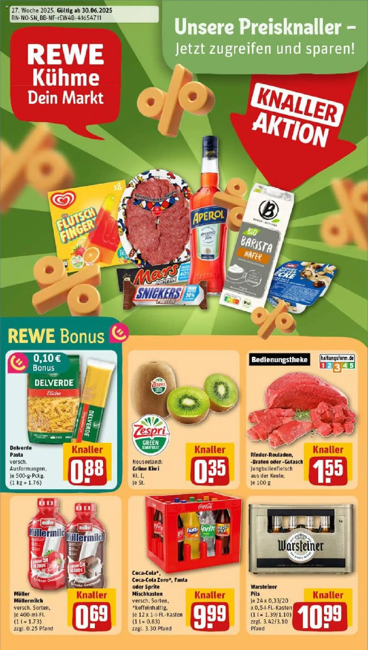 REWE Prospekt ab 29.06.2025 nächste Woche - Prospekt Aerzen - Aperol, Gulasch, Mars, Warsteiner, Snickers, Fanta, Müllermilch, Sprite