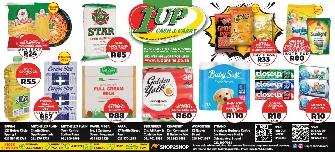 Preview of 1UP Cash & Carry flyer valid from 16/09/2025 - Toilet, Pasta, Oil, Cream, Soap, Spaghetti, Paper, Powder