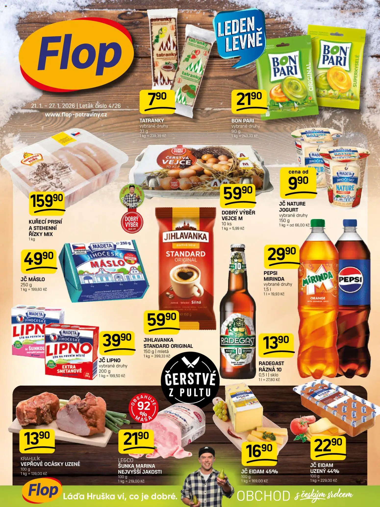 Náhled nabídky: Flop Leták platný od 21.01.2026 - Máslo, Vejce, Radegast, Jogurt, Šunka, Pepsi, Mirinda, Řízky
