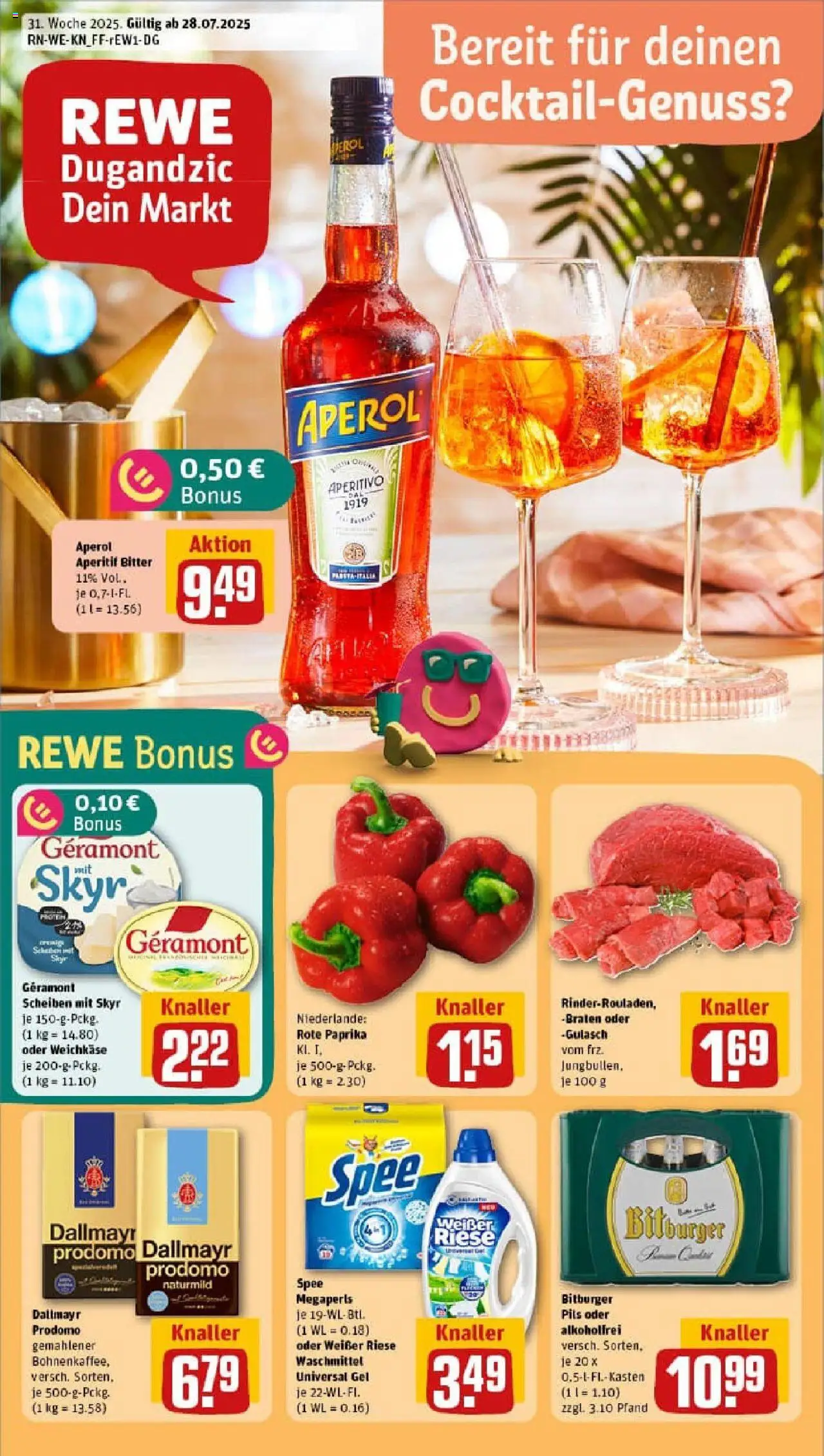 REWE Prospekt ab 27.07.2025 nächste Woche - Prospekt Swisttal / Heimerzheim - Aperol, Spee, Skyr, Dallmayr, Paprika, Waschmittel, Bitburger, Geramont