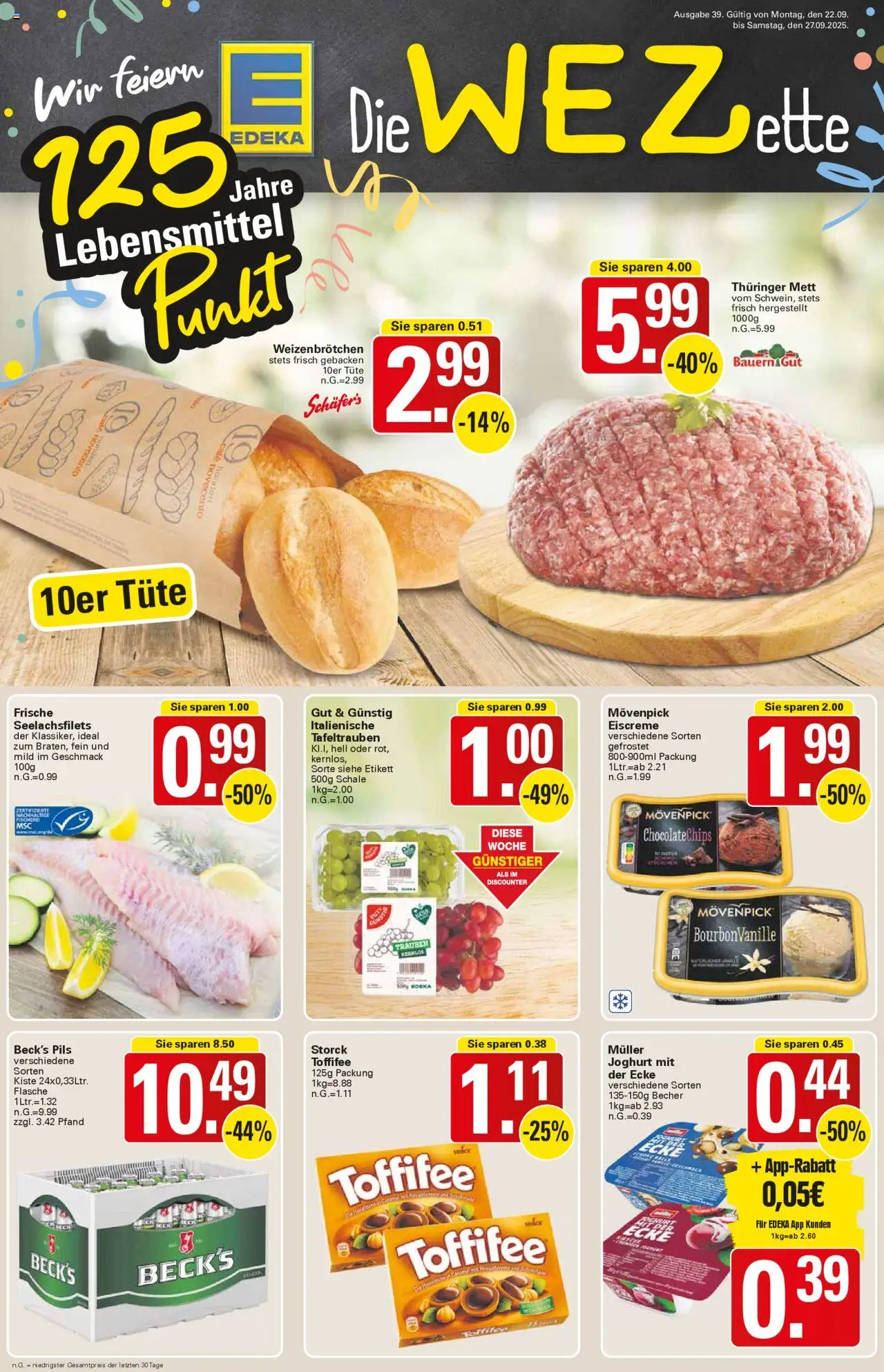 Vorschau von dem Prospekt des Geschäftes WEZ, gültig ab dem 22.09.2025 - Joghurt, Toffifee, Trauben, Vanille, Bourbon, Eiscreme, Pils