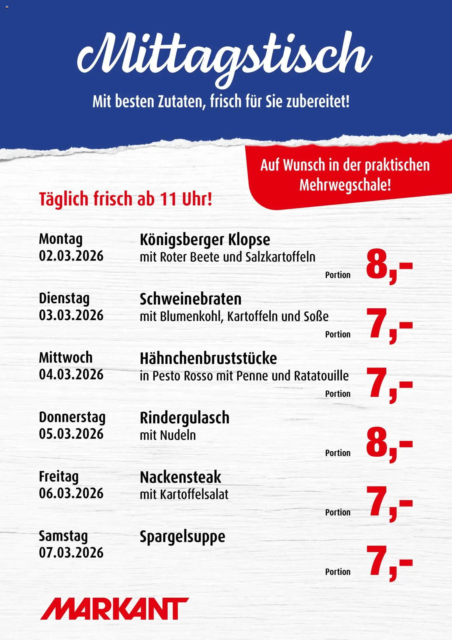 Vorschau von dem Prospekt des Geschäftes Markant, gültig ab dem 02.03.2026 - Uhr, Nudeln, Rindergulasch, Kartoffeln, Soße