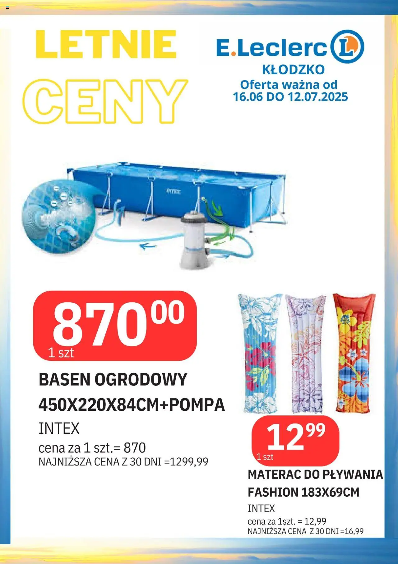 E.Leclerc Kłodzko od 16.06.2025 - Nowa Gazetka - Numer strony 1 - Materac, Basen, Basen ogrodowy
