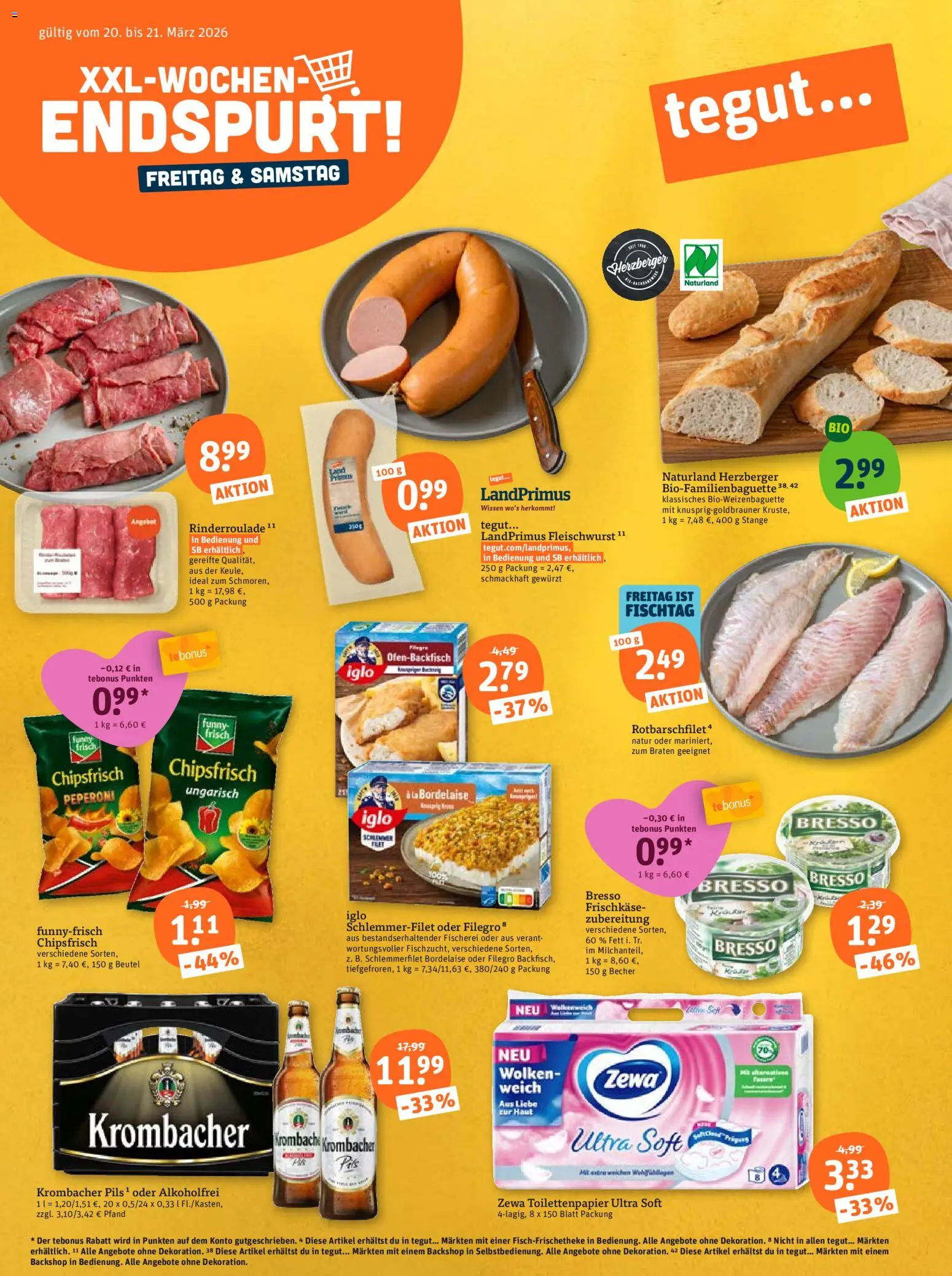 Vorschau von dem Prospekt des Geschäftes Tegut, gültig ab dem 16.03.2026 - Toilettenpapier, Krombacher, Funny frisch, Iglo, Iglo schlemmerfilet, Zewa, Bresso, Frischkase