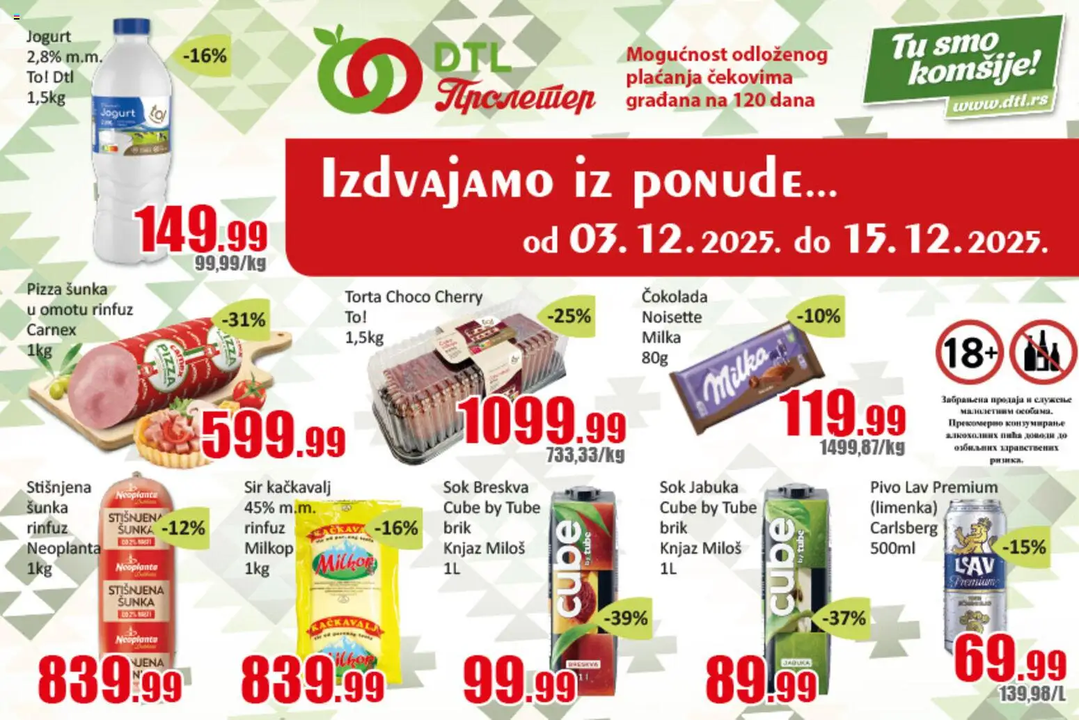 Pregled Metalac Proleter kataloga - važi od 03.12.2025 - Torta, Pivo, Milka, Čokolada, Breskva, Sir, Sok, Pizza šunka