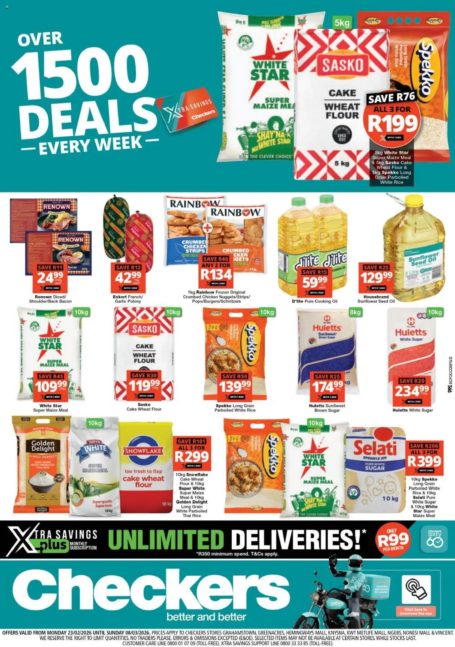 Preview of Checkers flyer valid from 23/02/2026 - Cake, Chicken, Oil, Sugar, Rice, Flour, Maize meal, Garlic