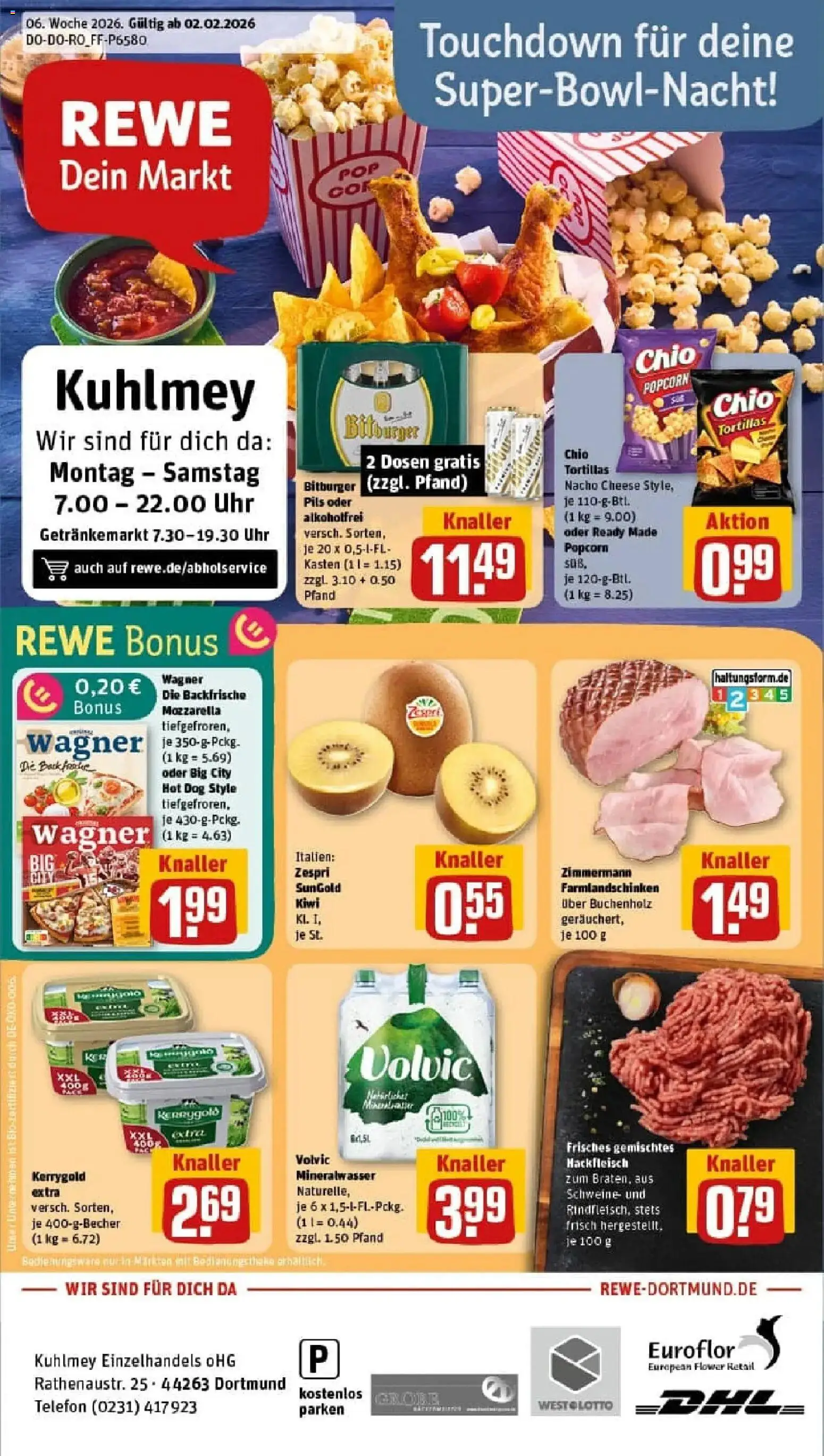 Vorschau von dem Prospekt des Geschäftes Rewe, gültig ab dem 02.02.2026 - Butter, Kiwi, Tortillas, Mozzarella, Hackfleisch, Popcorn, Volvic, Pils