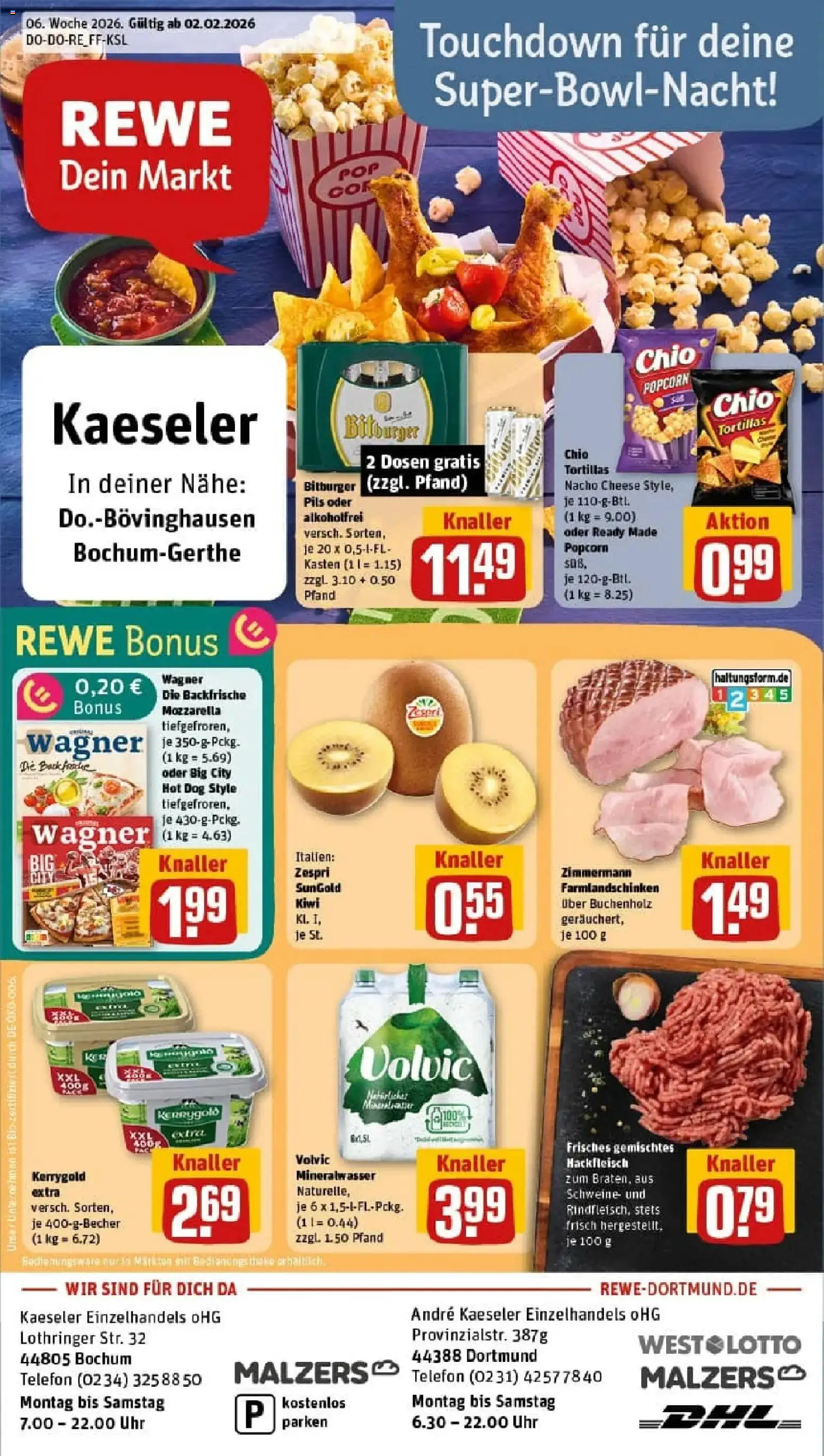 Vorschau von dem Prospekt des Geschäftes Rewe, gültig ab dem 02.02.2026 - Pizza, Uhr, Telefon, Butter, Mozzarella, Hackfleisch, Bitburger, Chio tortillas