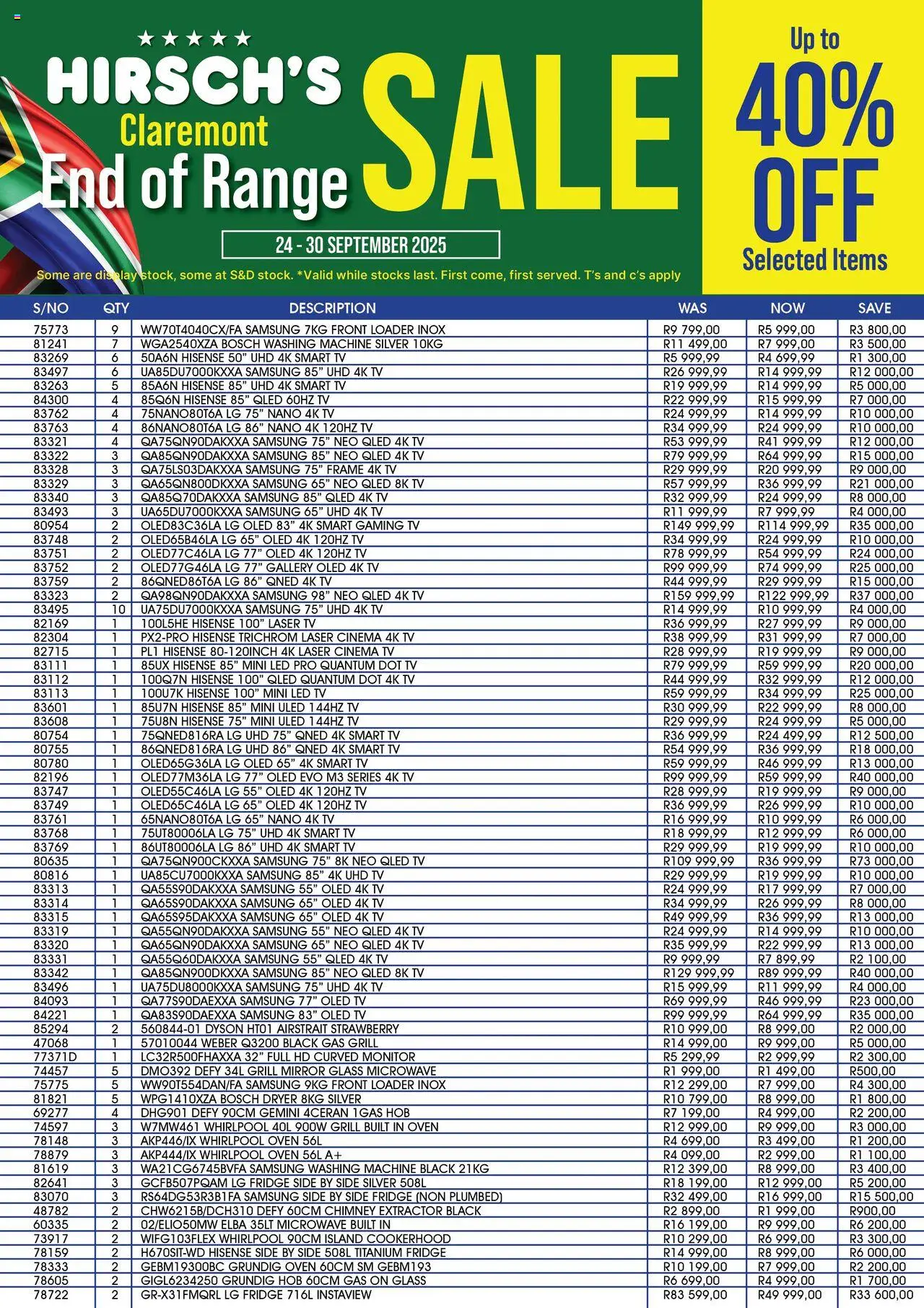 Hirsch's End of Range Sale Claremont from 24/09 - 30/09/2025 > Promotions