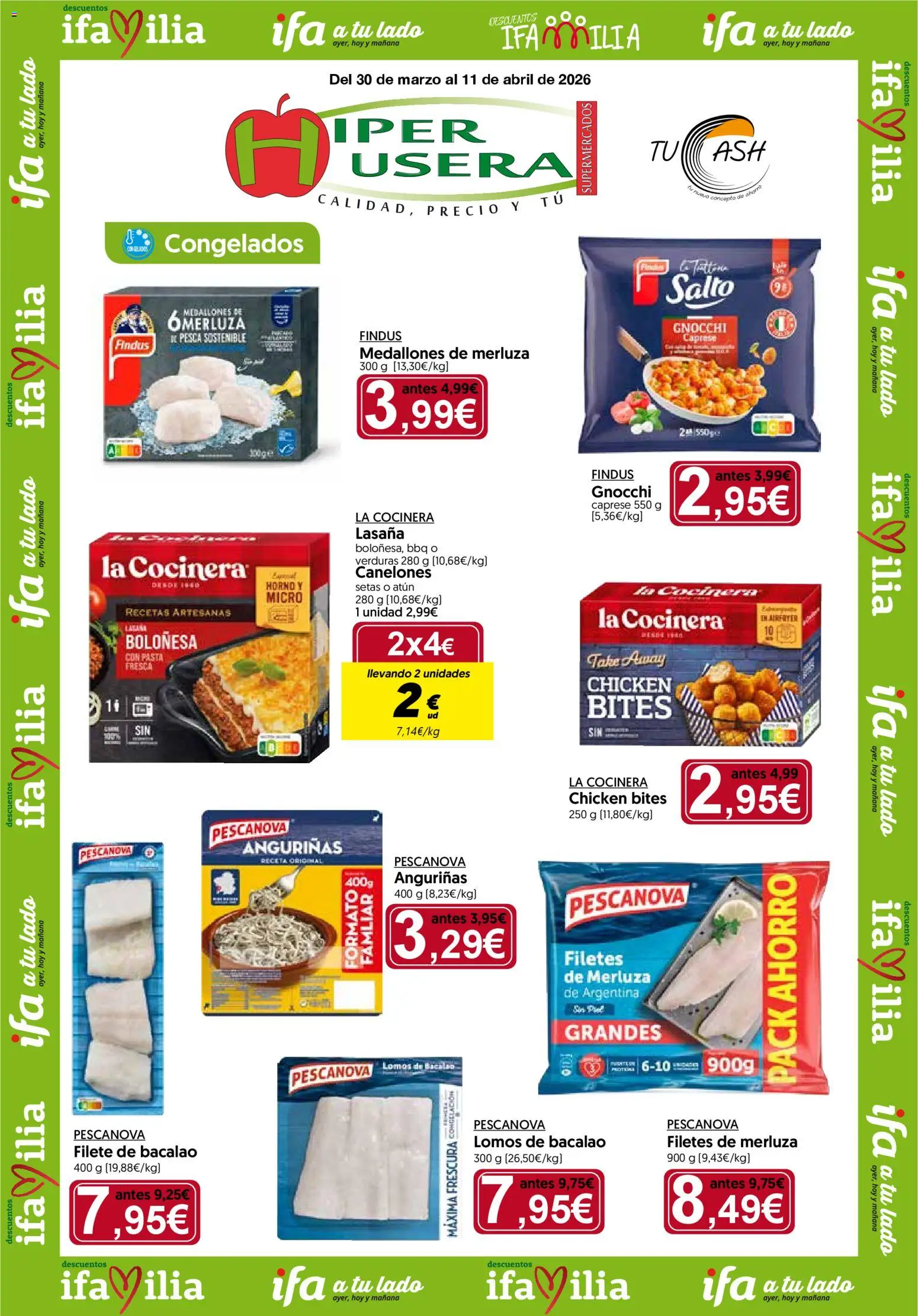 Vista previa del folleto de la tienda Hiper Usera válido desde el 30/03/2026 - Pasta, Setas, Lasaña, Atún, Canelones, Filete, Filetes de merluza, Medallones