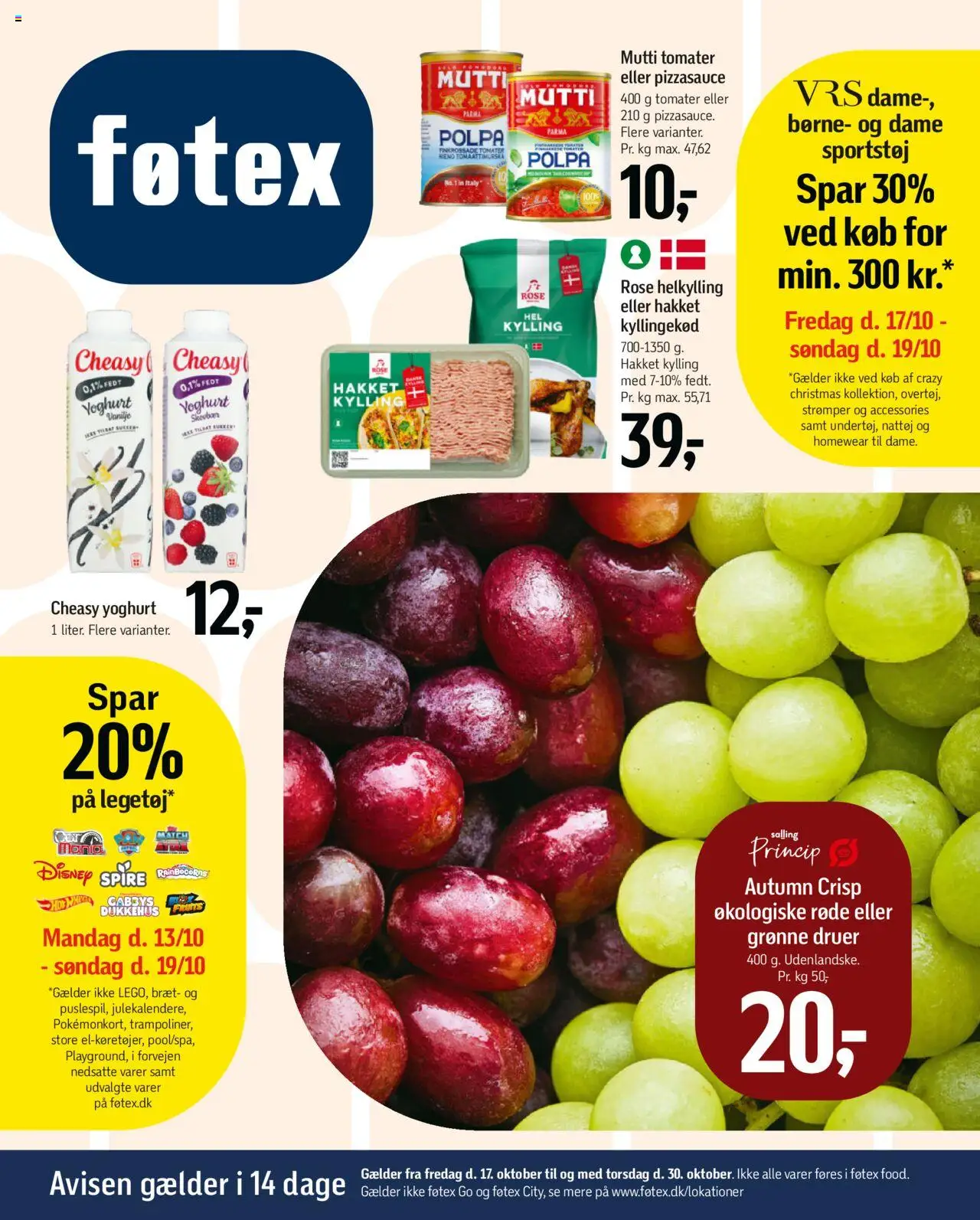 Eksempel på tilbudsavis Tilbudsavis fra butik Føtex gyldig fra 17/10/2025 - Yoghurt, Strømper, Kyllingekød, Vanilje, Tomater, Druer