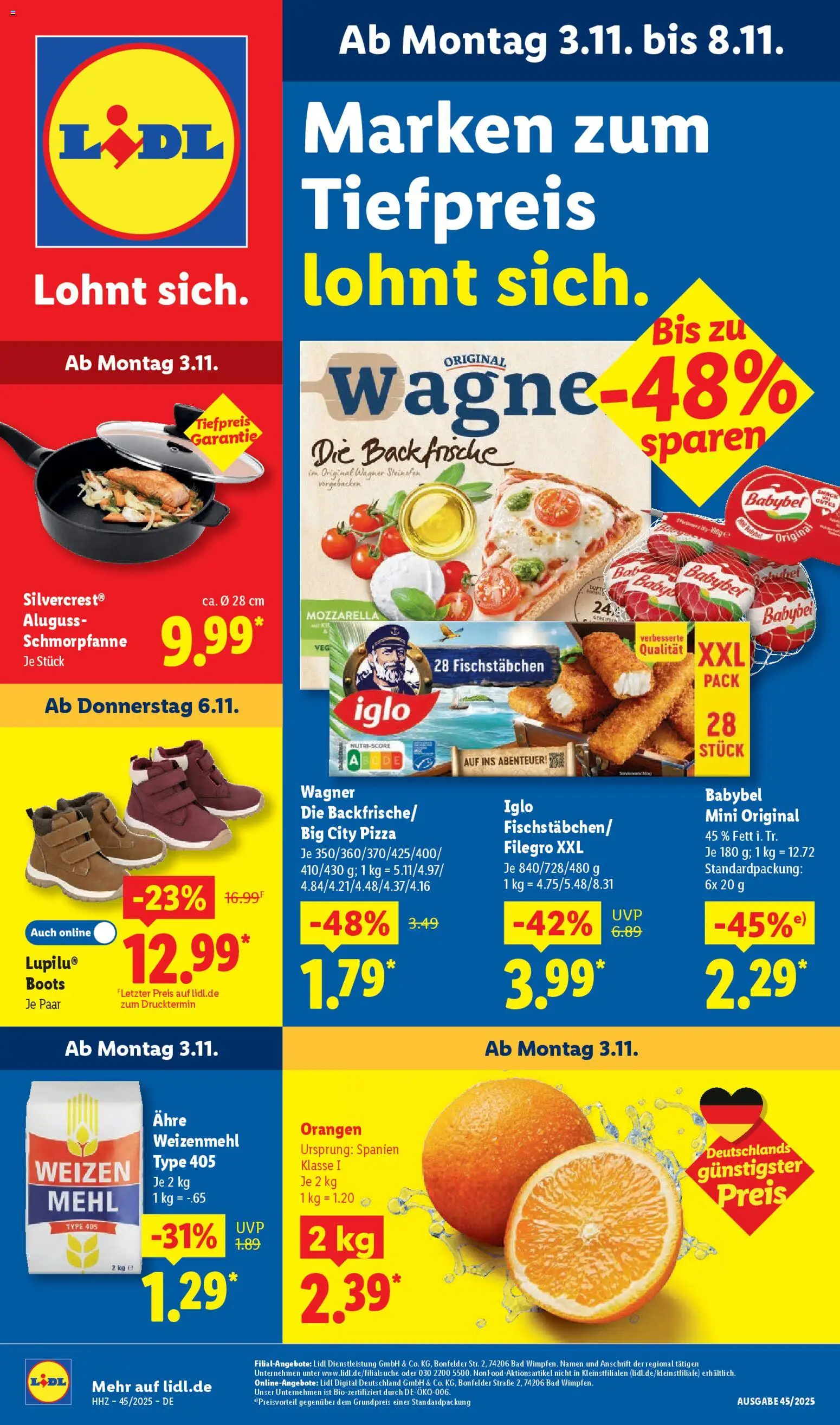 Vorschau von dem Prospekt des Geschäftes Lidl, gültig ab dem 03.11.2025 - Bad, Mozzarella, Mehl, Iglo, Babybel, Weizenmehl, Orangen, Fischstabchen