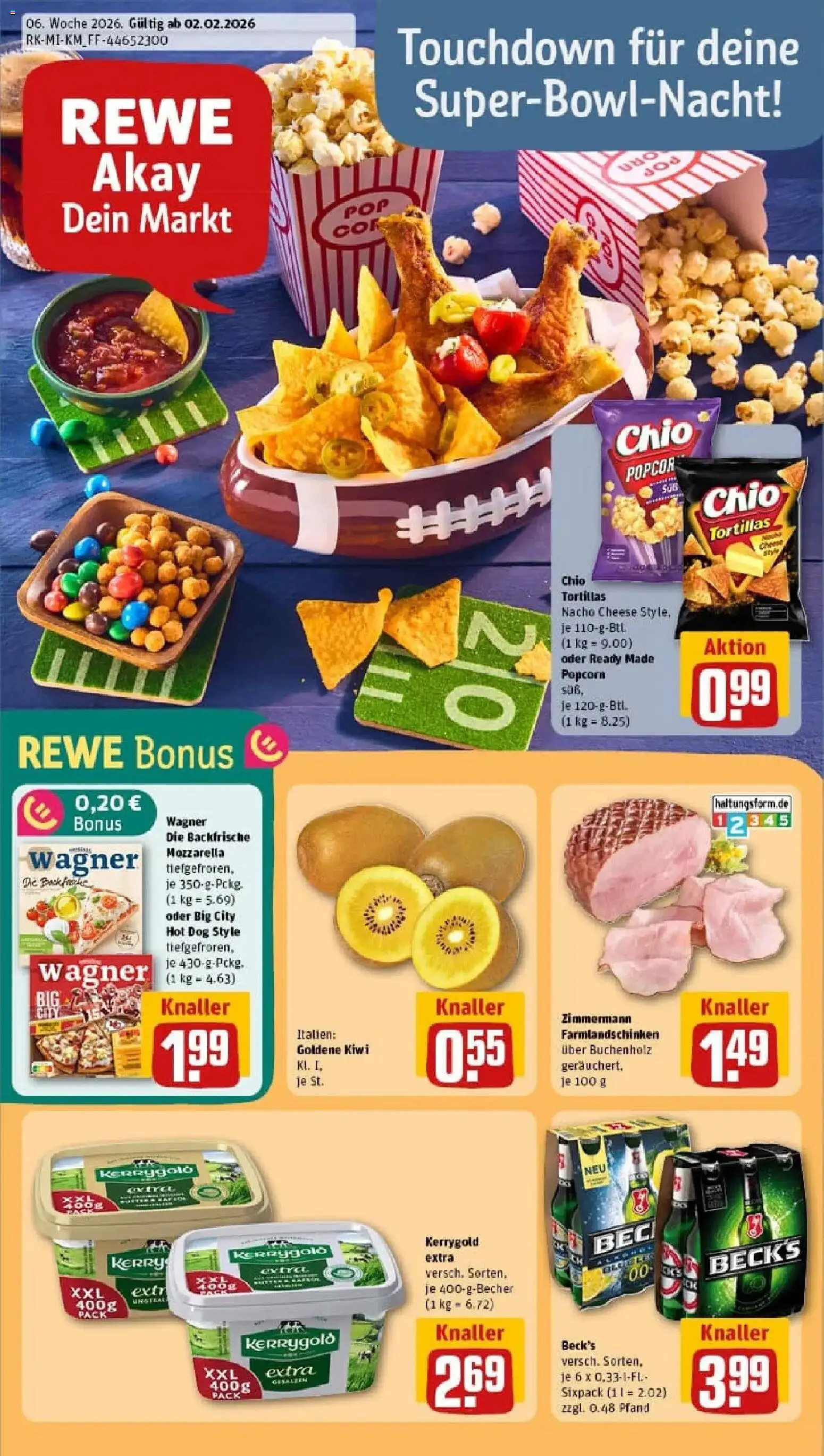 Vorschau von dem Prospekt des Geschäftes Rewe, gültig ab dem 02.02.2026 - Pizza, Butter, Kiwi, Tortillas, Mozzarella, Popcorn, Chio tortillas