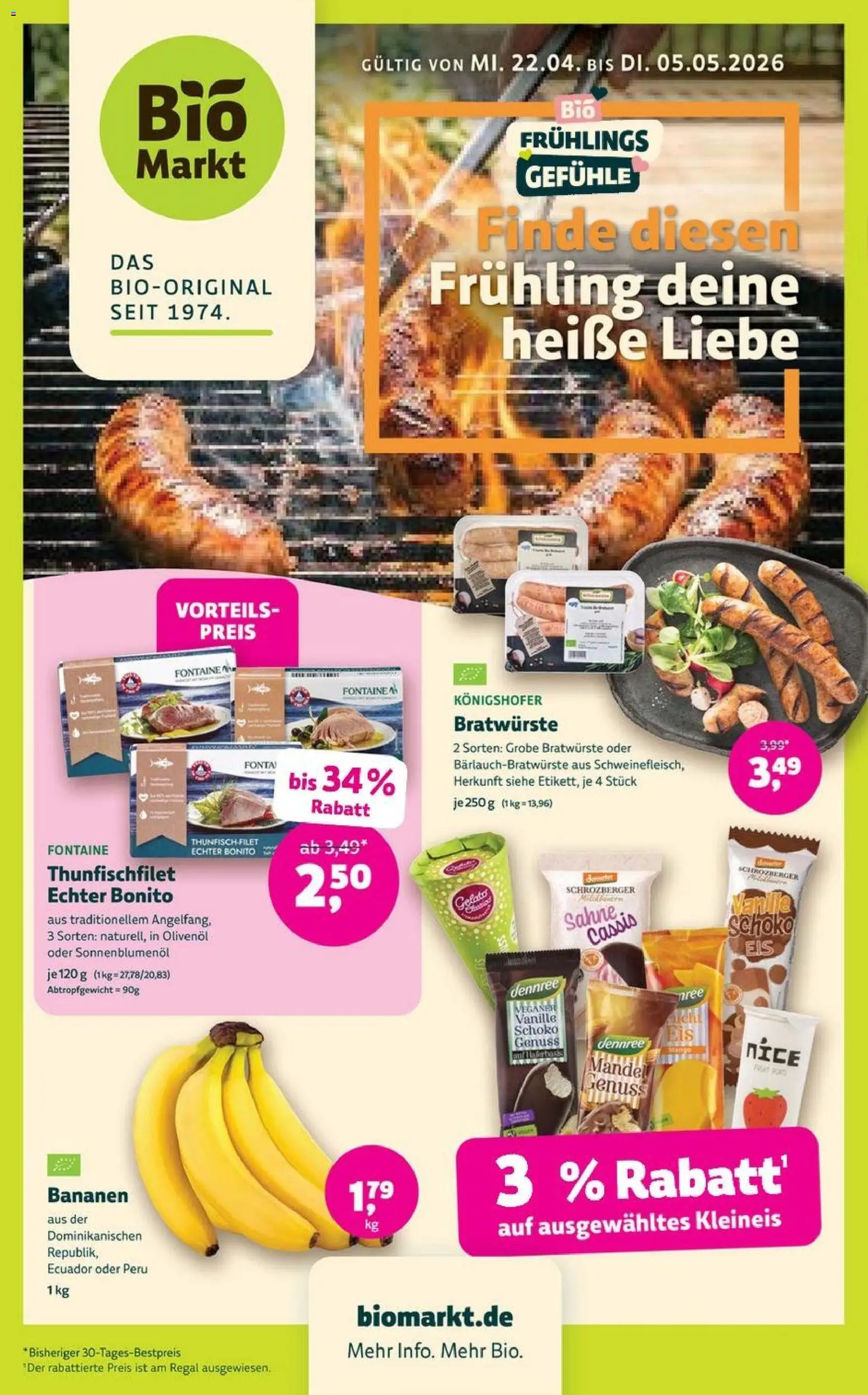 Vorschau von dem Prospekt des Geschäftes BioMarkt, gültig ab dem 22.04.2026 - Thunfisch, Bananen, Sahne, Vanille, Olivenol, Sonnenblumenol