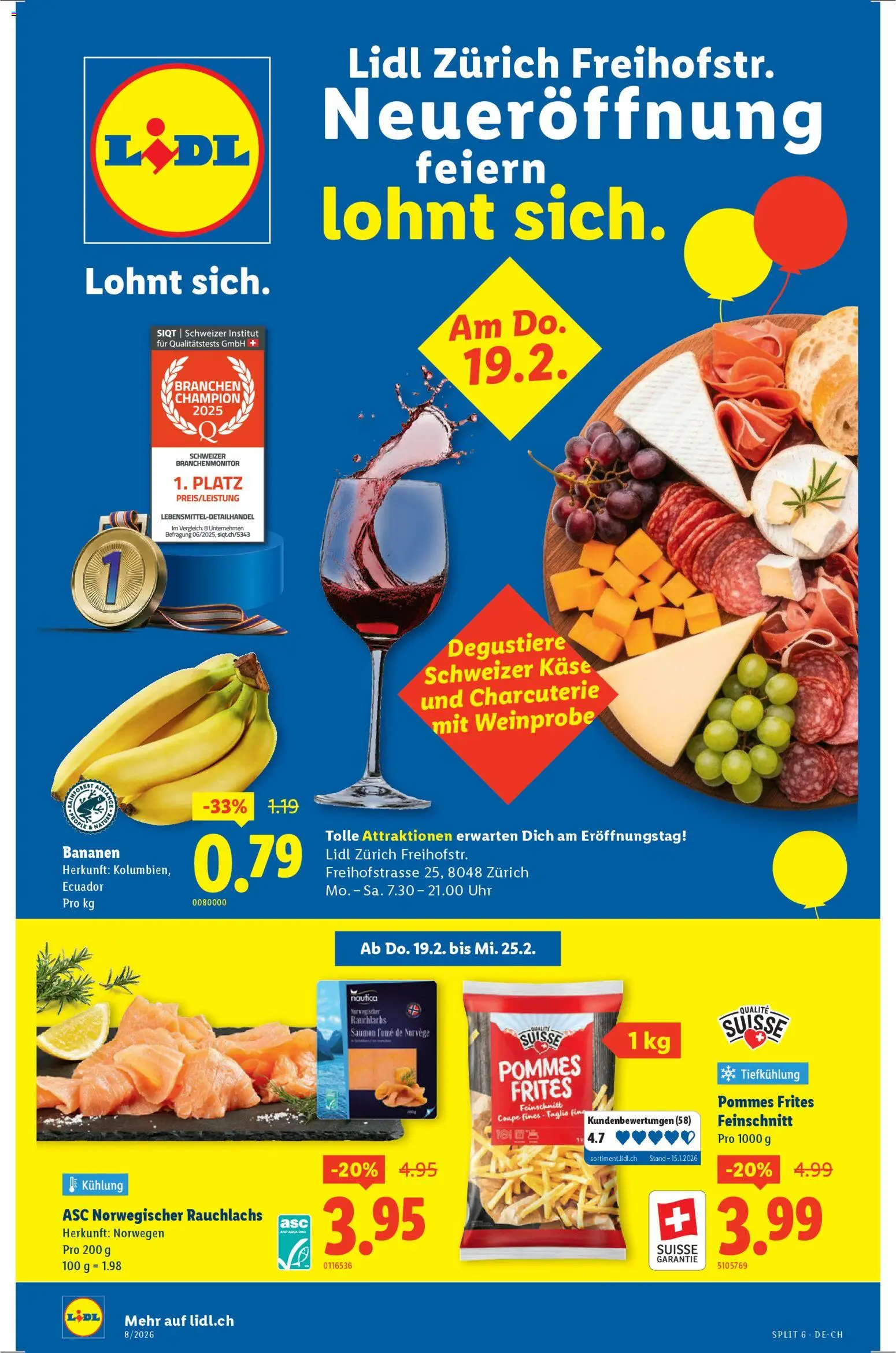 Vorschau des Merkblatts Aktionen Neueröffnung Zürich vom Shop Lidl gültig von 19.02.2026 bis 25.02.2026 - Uhr, Bananen, Käse, Pommes Frites