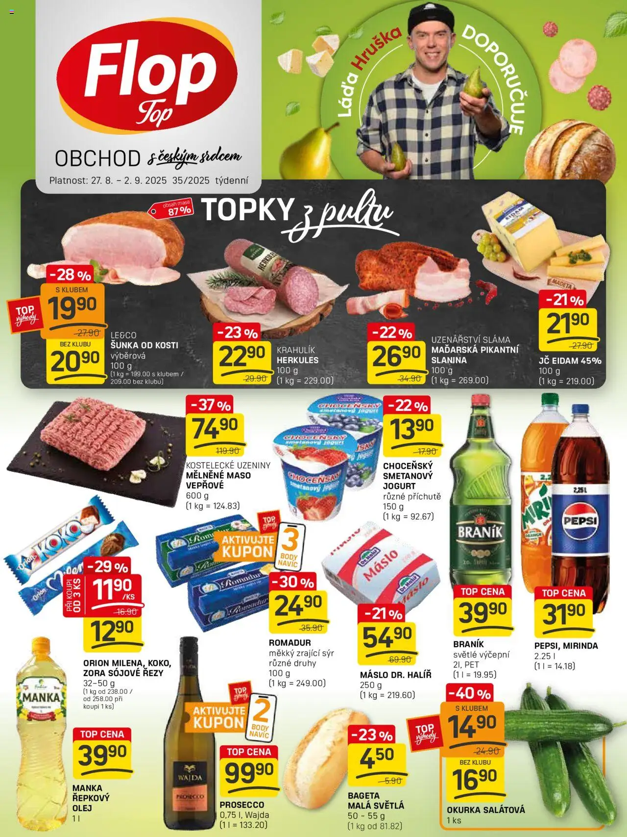  Flop Leták - FlopTop (27.08.2025 - 02.09.2025) - Prosecco, Sýr, Olej, Body, Šunka, Romadur, Uzeniny, Šunka od kosti