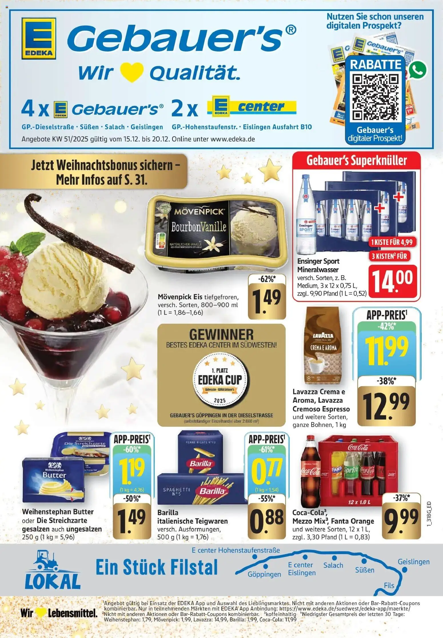 Vorschau von dem Prospekt des Geschäftes Edeka, gültig ab dem 15.12.2025 - Eis, Spaghetti, Mineralwasser, Lavazza, Fanta, Barilla, Sprite, Vanille
