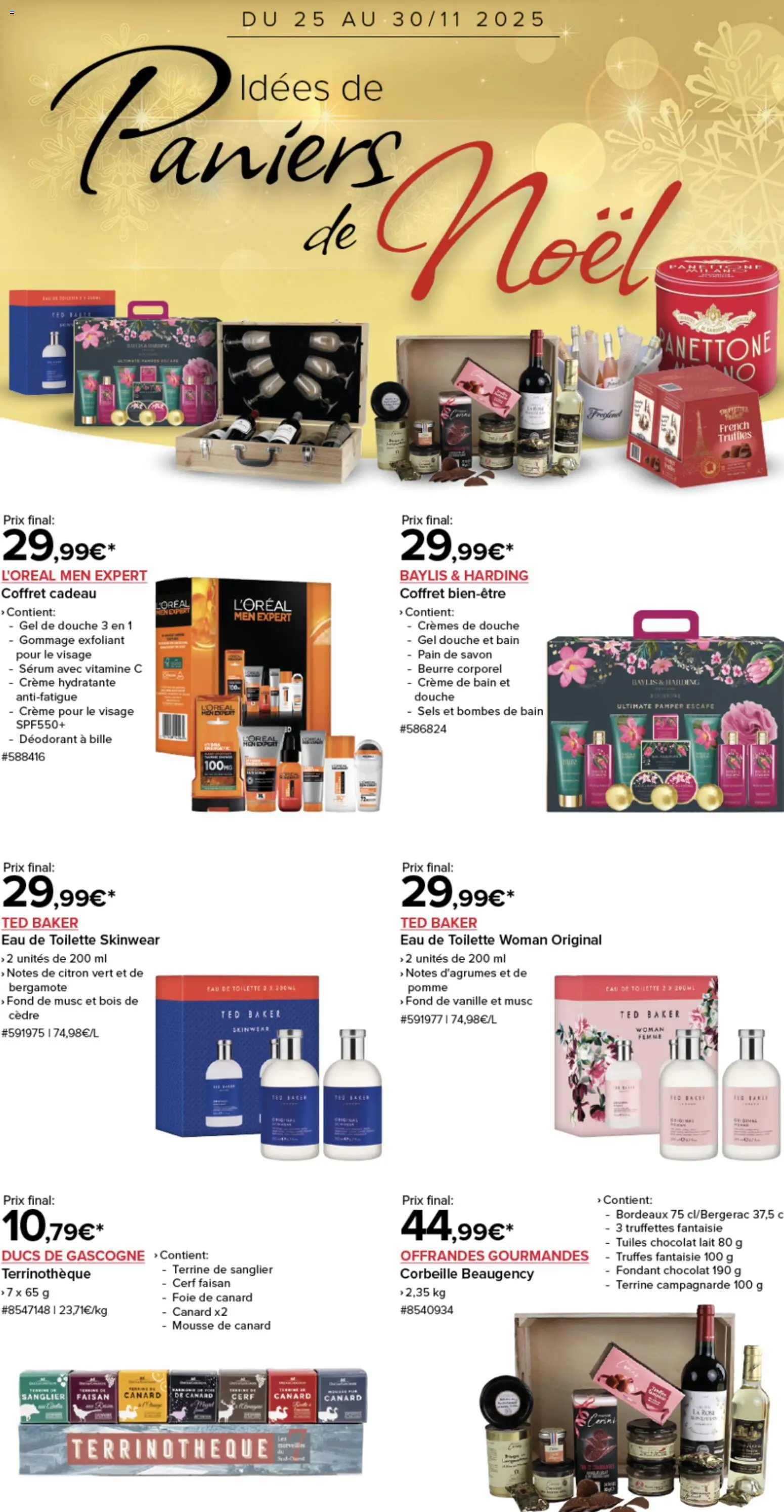 Prévisualisation de Idées de Paniers de Noël du magasin Costco formulaire valide 25/11/2025 - Pain, Gel douche, Foie, Beurre, Coffret cadeau, Crème hydratante, Gommage, Foie de canard