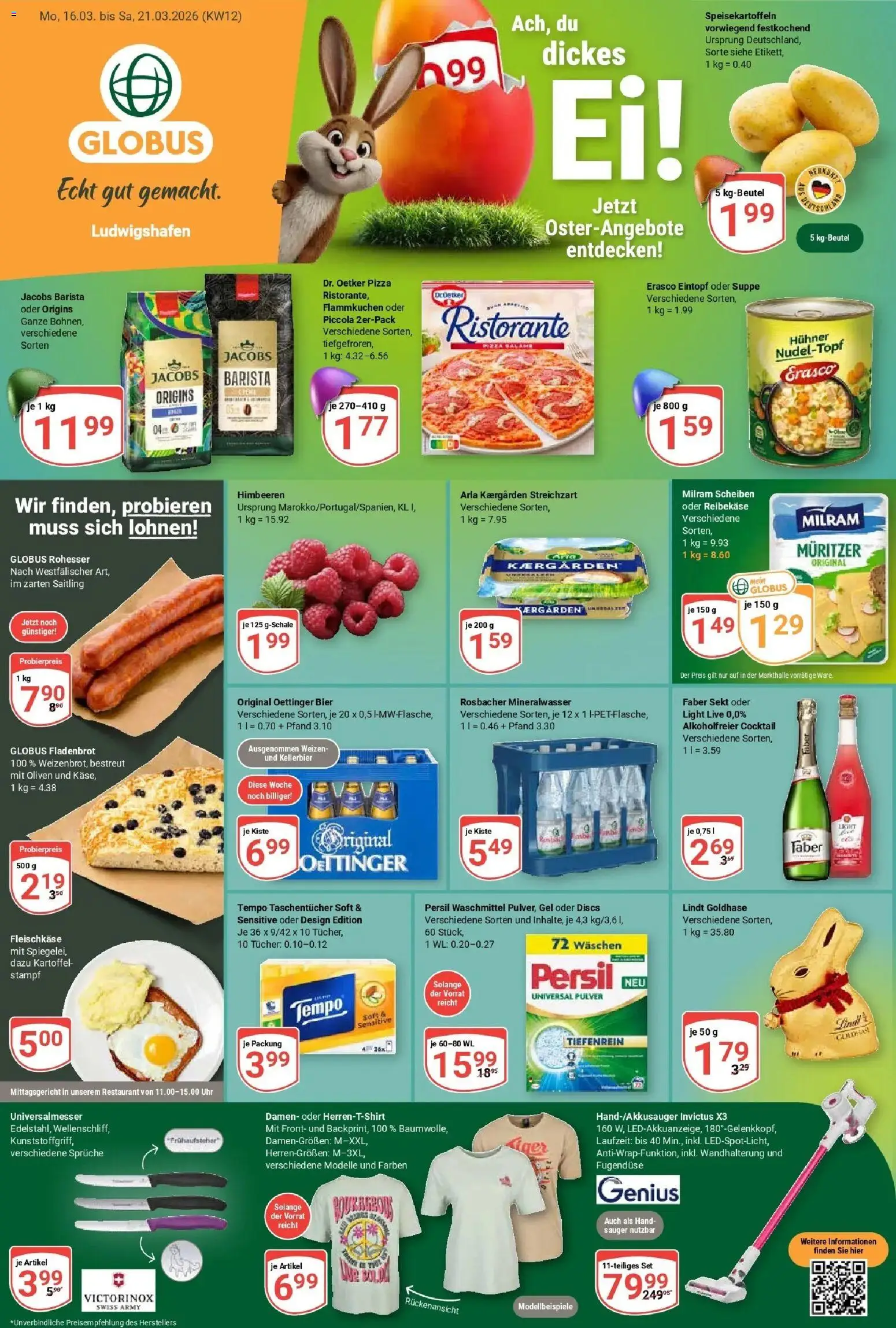 Vorschau von dem Prospekt des Geschäftes Globus, gültig ab dem 15.03.2026 - Uhr, Ristorante, Waschmittel, Oettinger, Persil, Taschentücher, Milram, Erasco