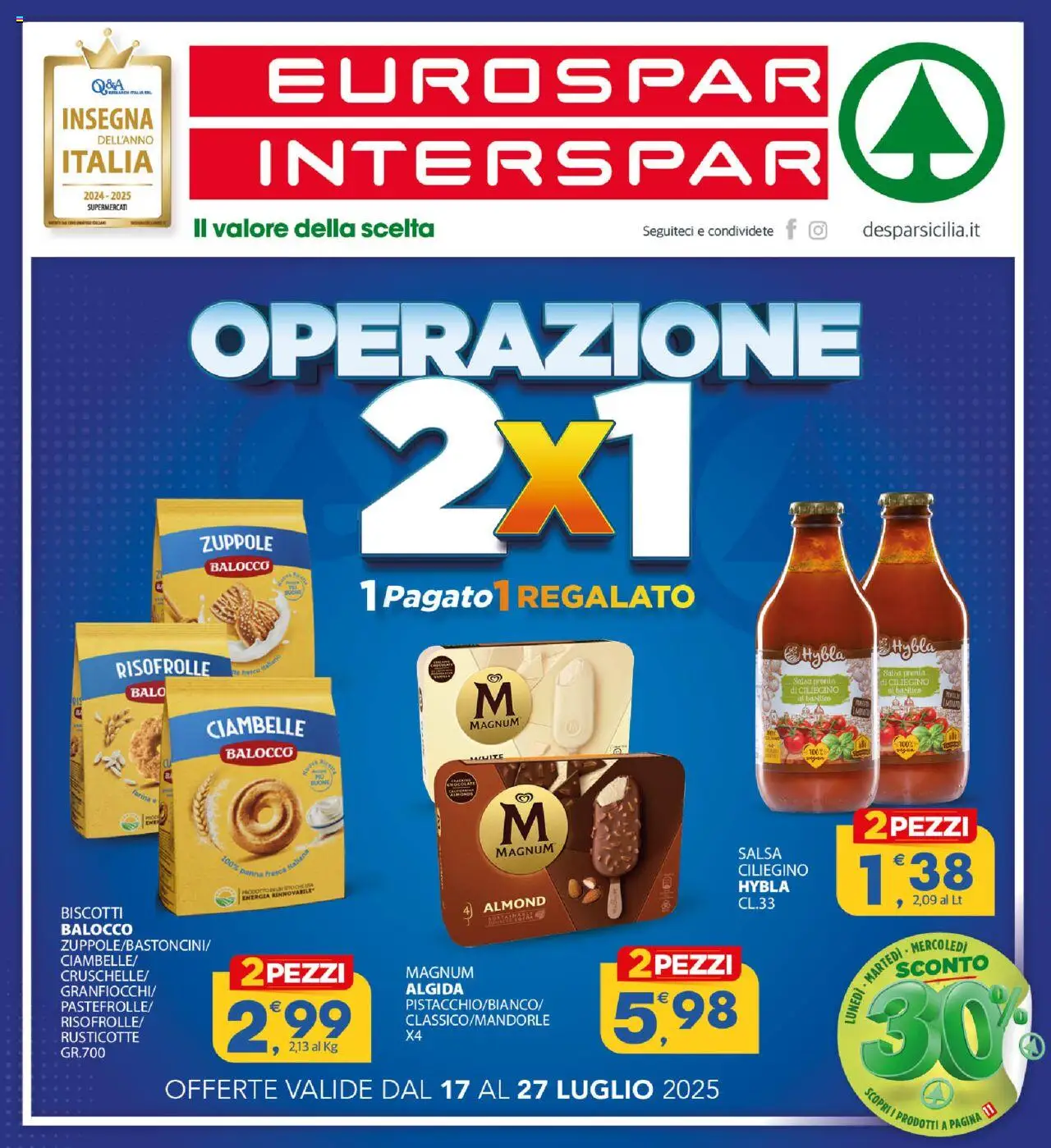 Volantino Eurospar valido da 17/07/2025 numero di pagina 1 - Ciambelle, Panna, Biscotti, Magnum, Salsa, Farina, Basilico