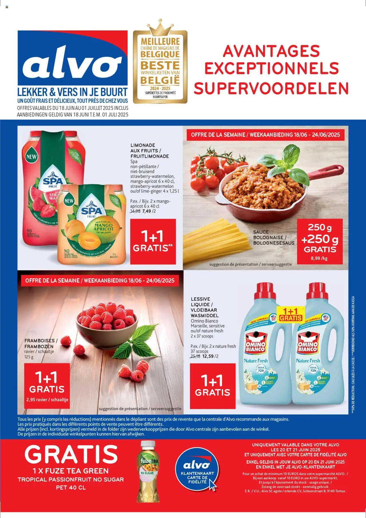 Alvo shop Publicité geldig vanaf 18/06/2025 - Paginanummer 1 - Mango, La, Fruit, Pet, Wasmiddel, Limonade, Frambozen, Vloeibaar wasmiddel