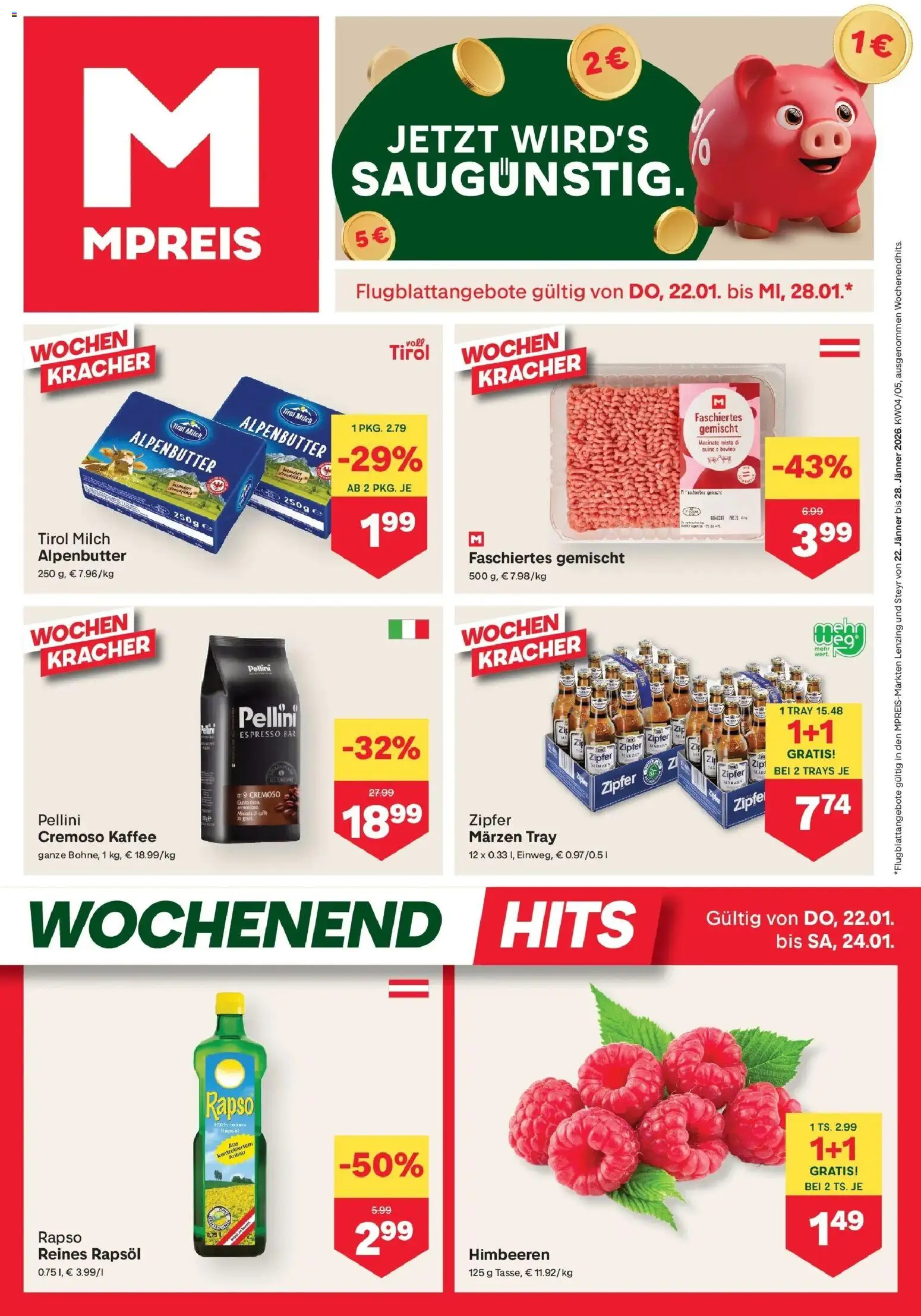 Vorschau der Angebote: MPREIS Steyr gültig ab 22.01.2026 - Kaffee, Milch, Rapsöl