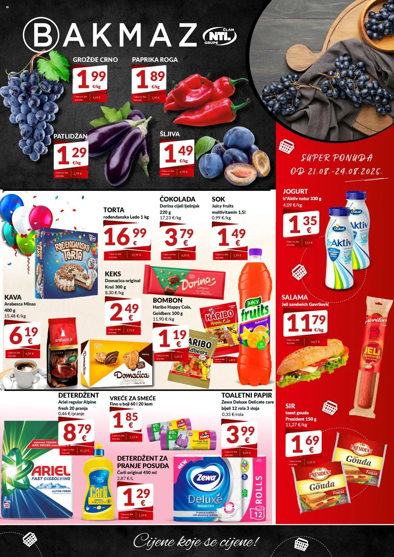 Bakmaz aktualni Super Ponuda vrijedi od 21.08.2025 - tjedna akcija broj stranice 1 - Čokolada, Sandwich, Domacica, Ariel, Deterdžent, Multivitamin, Dorina, Carli