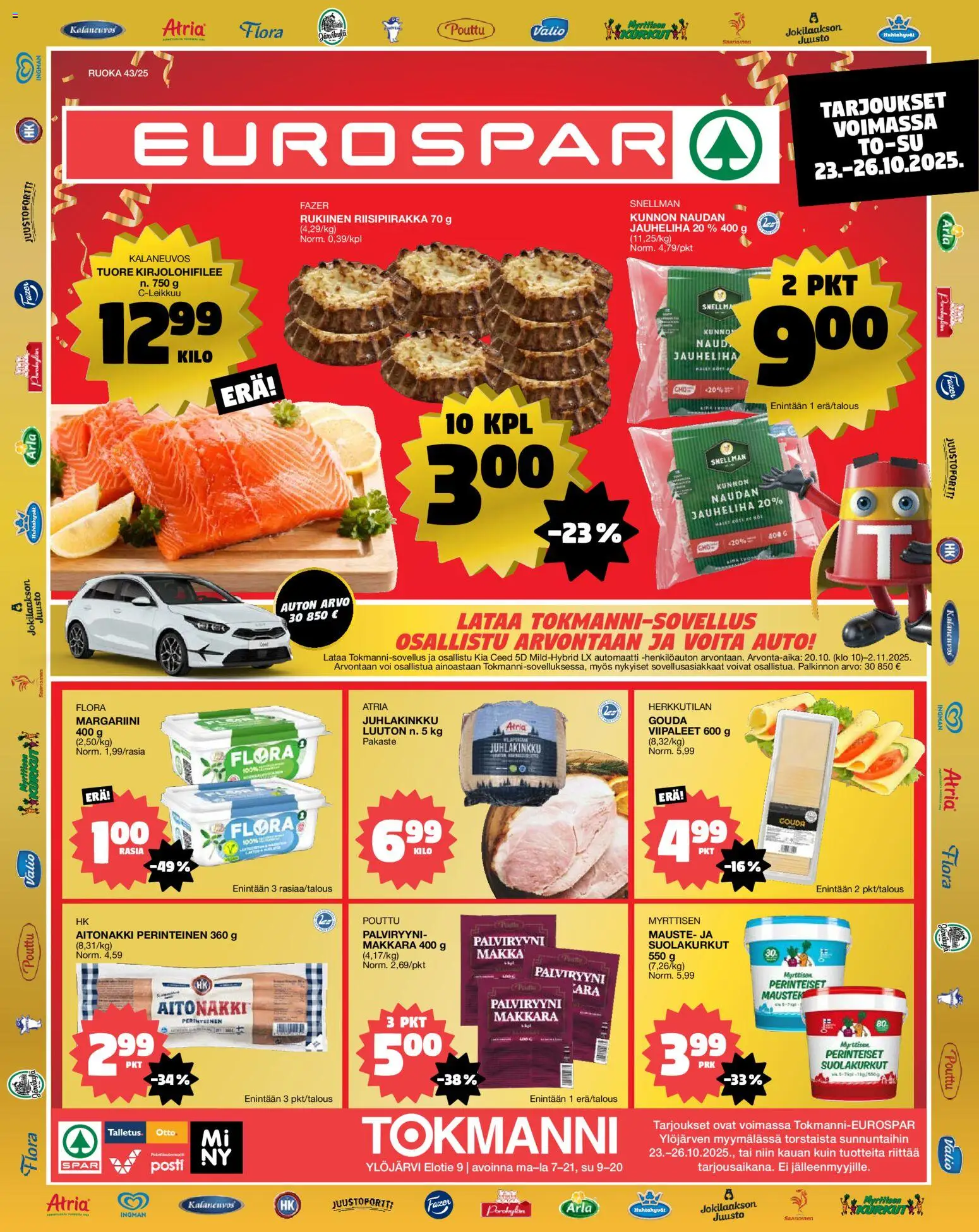 Tokmanni-kaupan EUROSPAR Ylöjärvi Ruokasanomat voimassa 23/10/2025 - Sivulla 1 - Jauheliha, Voi, Juusto, Makkara, Margariini, Suolakurkut