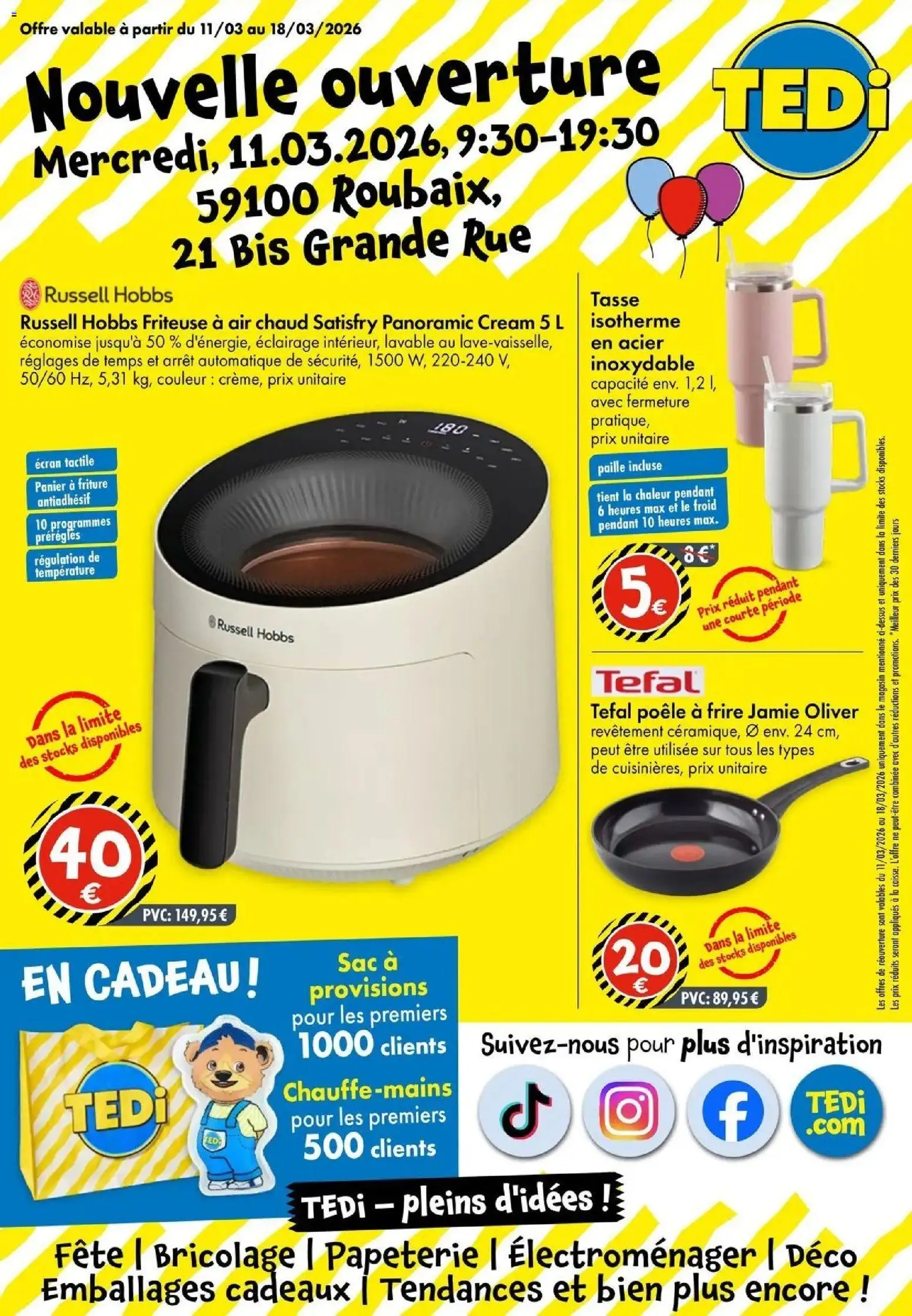 Prévisualisation de TEDi - pleins d'idées du magasin TEDi formulaire valide 11/03/2026 - Bricolage, Tefal, Poêle, Friteuse, Panier, Friteuse à air chaud, Éclairage, Russell Hobbs